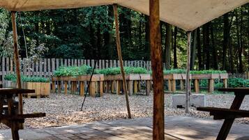 Un espace extérieur abrité, doté de bancs en bois et d’un chemin de gravier.