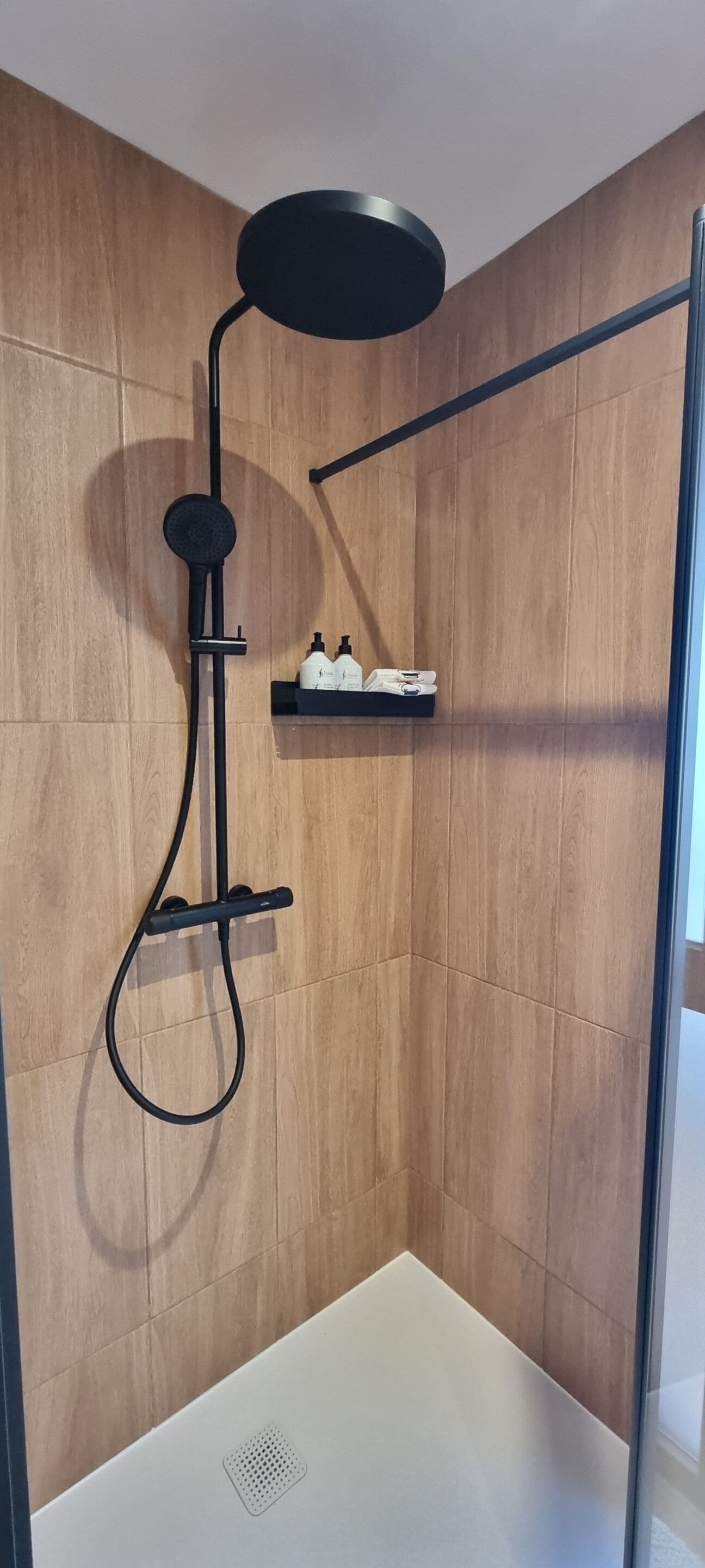 A shower with a black head and a handheld showerhead, a white sink, and a shelf with toiletries.