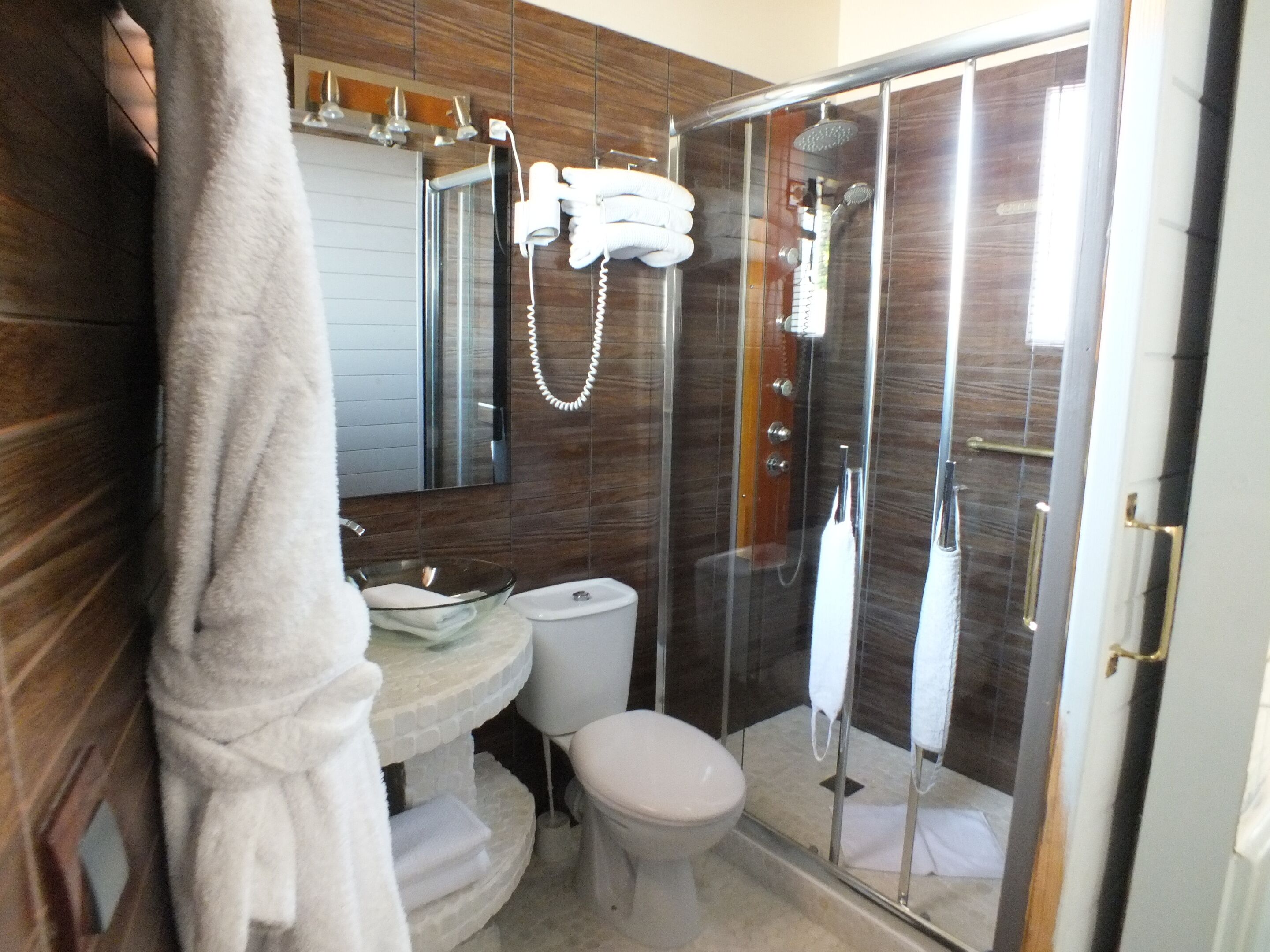 Un baño moderno con ducha envuelta en vidrio, un lavamanos de vidrio y un inodoro.