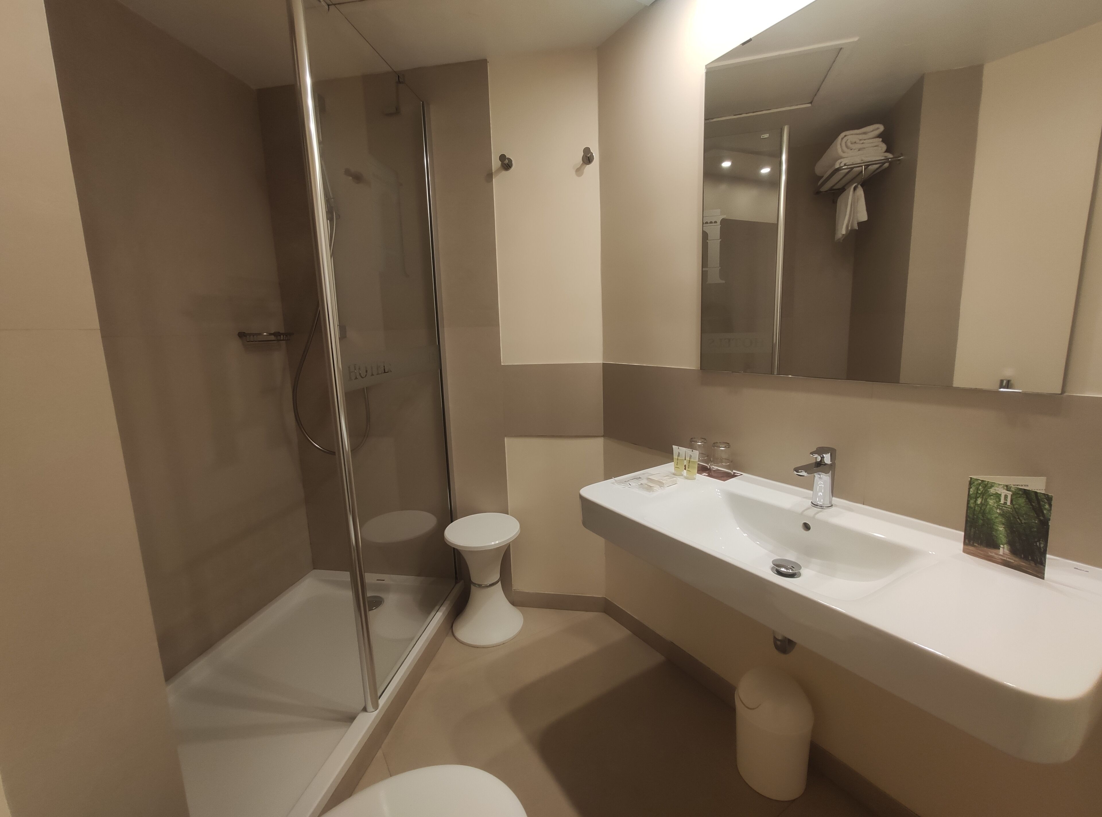 A modern bathroom with a glass-enclosed shower, a white toilet, and a large sink with a mirror above.
