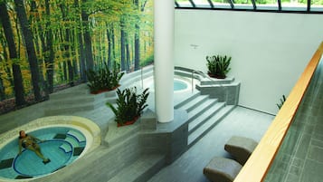A modern indoor pool area with a large mural, steps leading to a seating area, and potted plants.