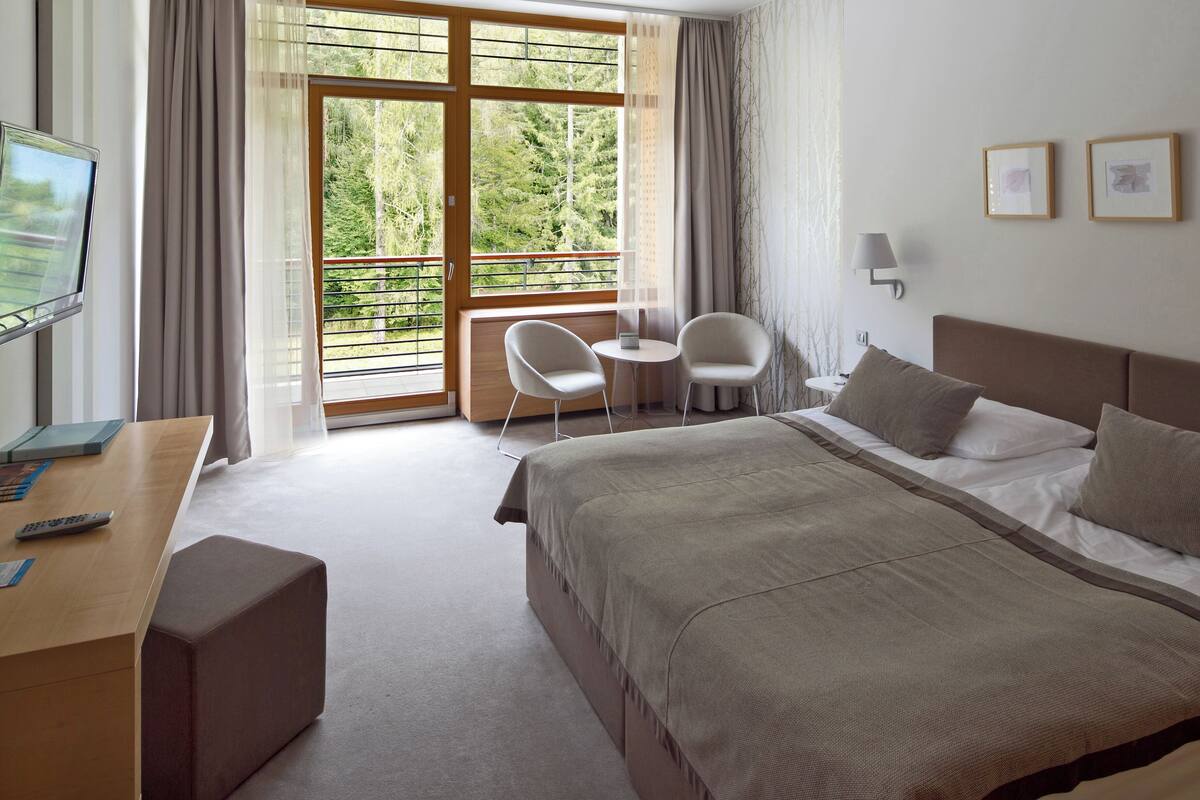 A hotel room with a bed, a desk with a chair, a TV, and a balcony with a view of trees.