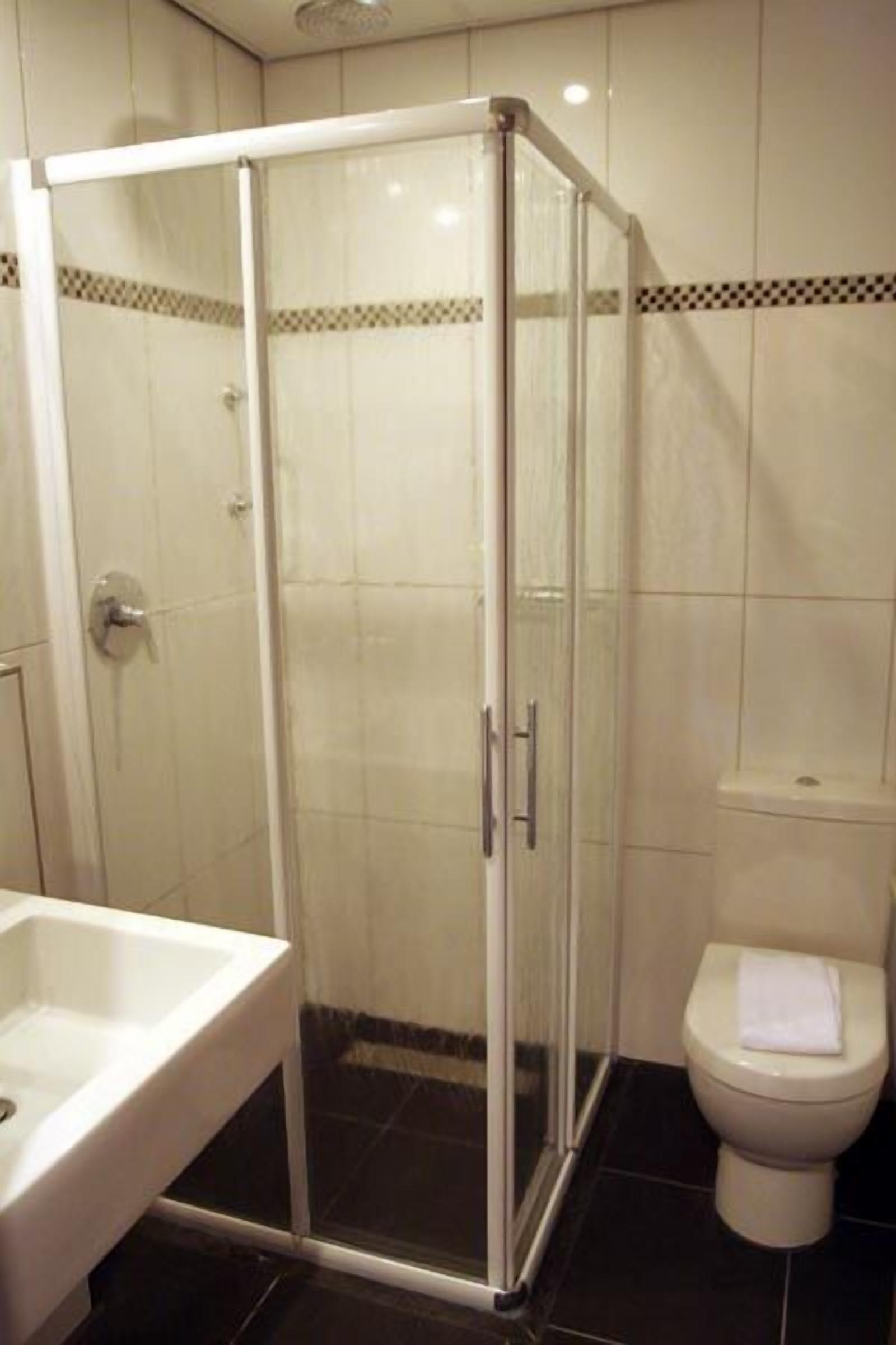 rainfall showerhead, hair dryer, towels