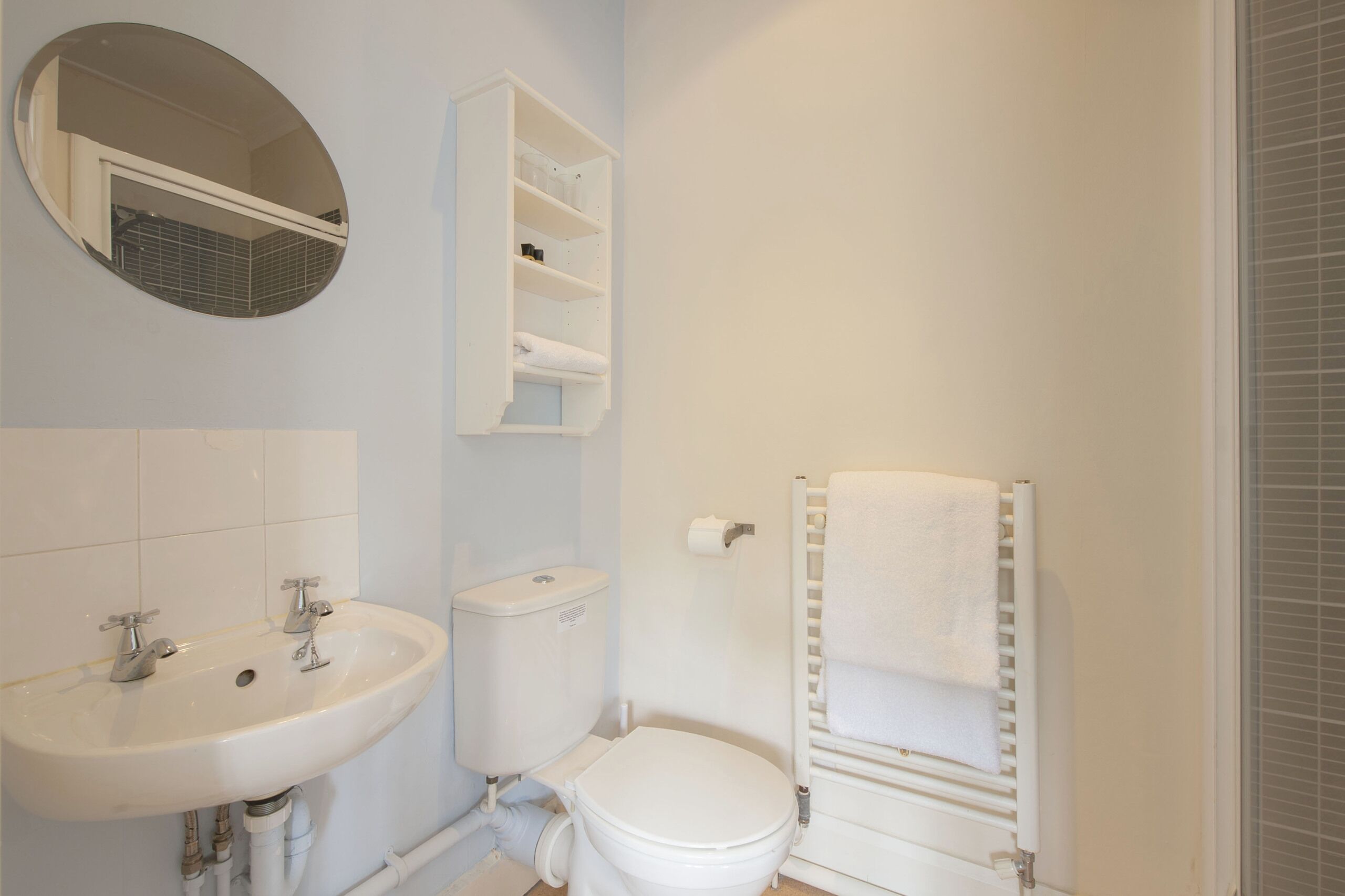 A bathroom with a sink, toilet, mirror, and towel rack.