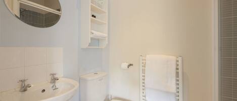 A bathroom with a sink, toilet, mirror, and towel rack.
