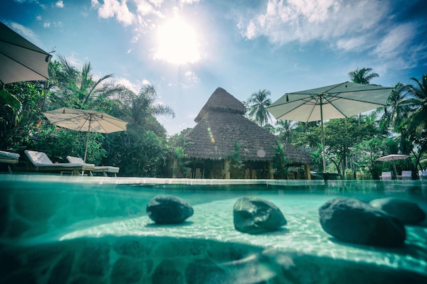 Utendørsbasseng, bassengparasoller og solsenger