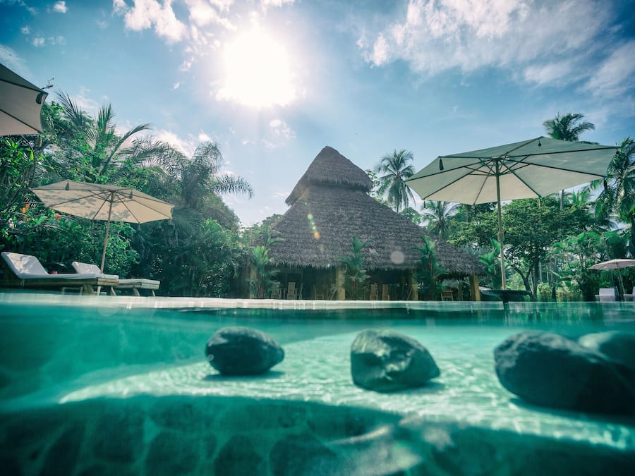 Outdoor pool, pool umbrellas, sun loungers