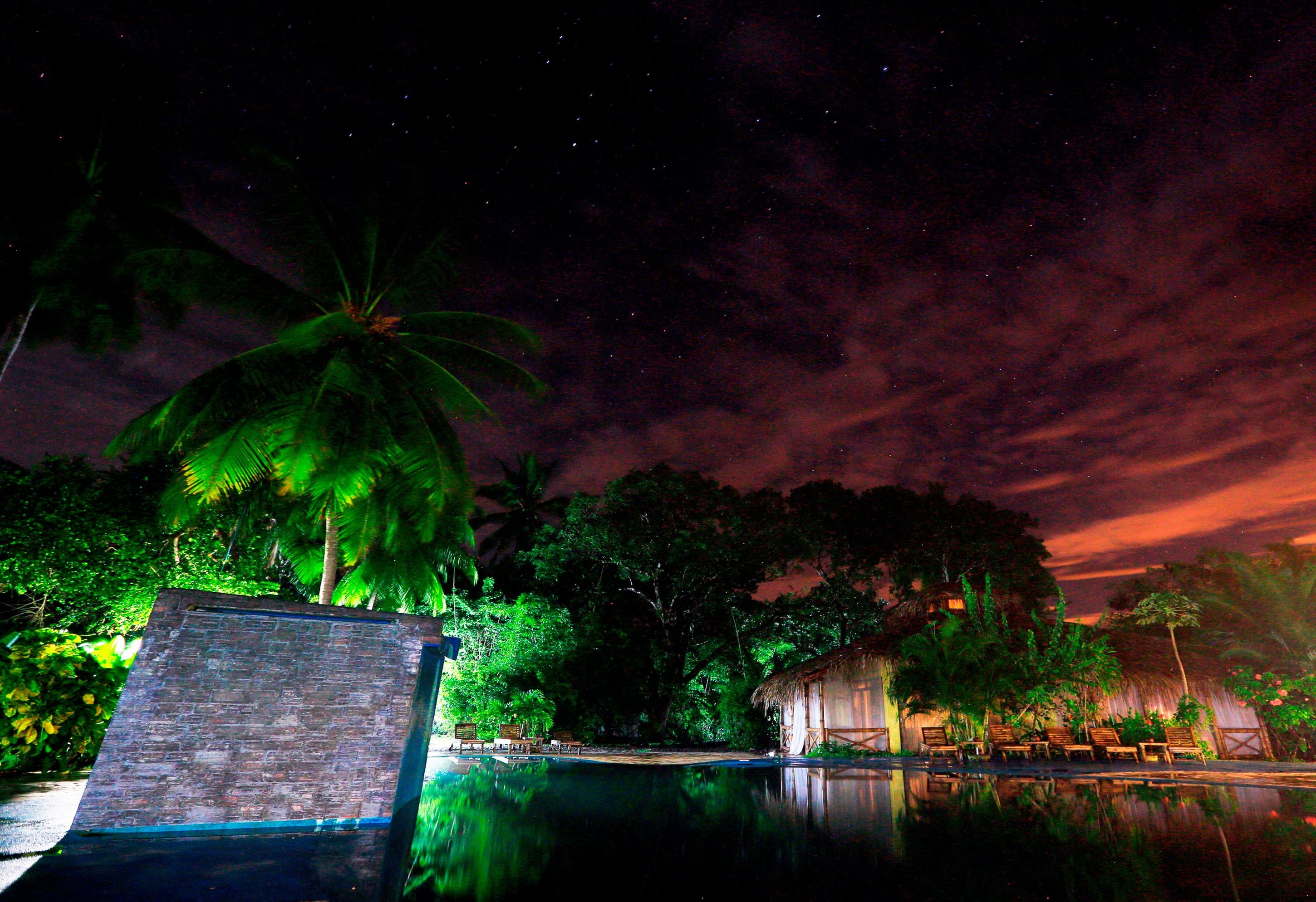 A nighttime view of a resort with a pool, palm trees, and a thatched-roof building.