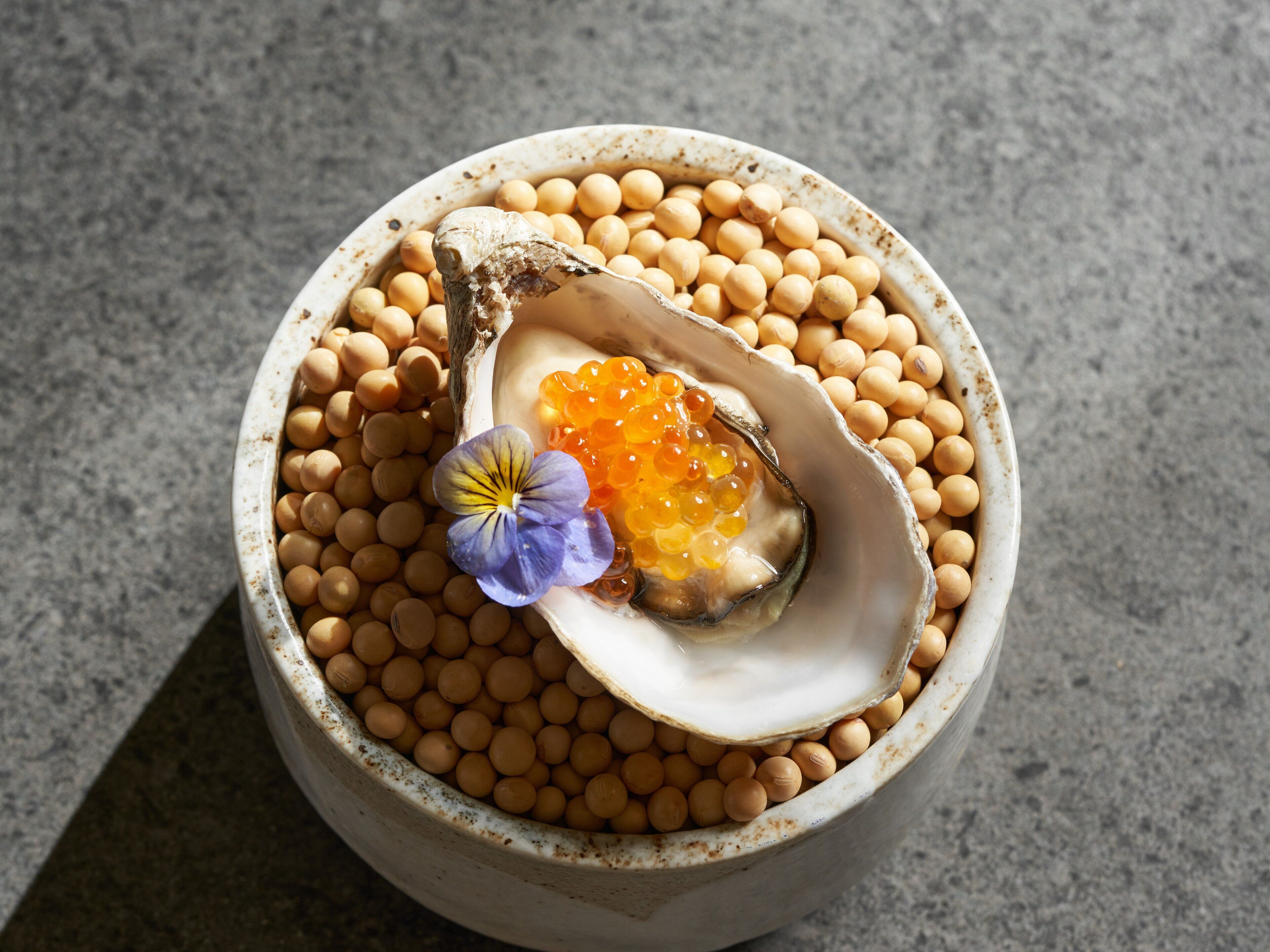 Un bol de fèves de soja, une fleur et un morceau de viande.