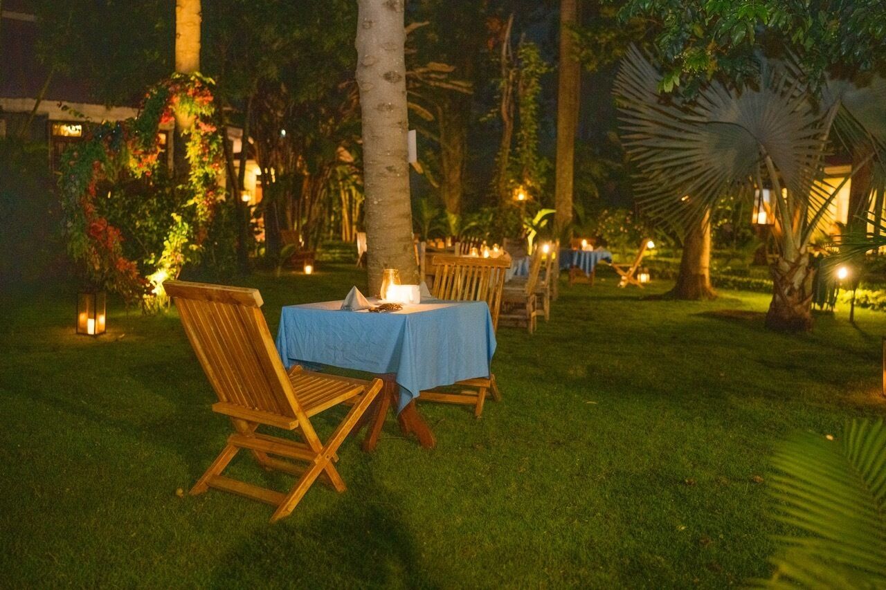 Un espace de restauration en plein air, avec des tables et des chaises, entouré d’arbres et éclairé par un éclairage d’ambiance.