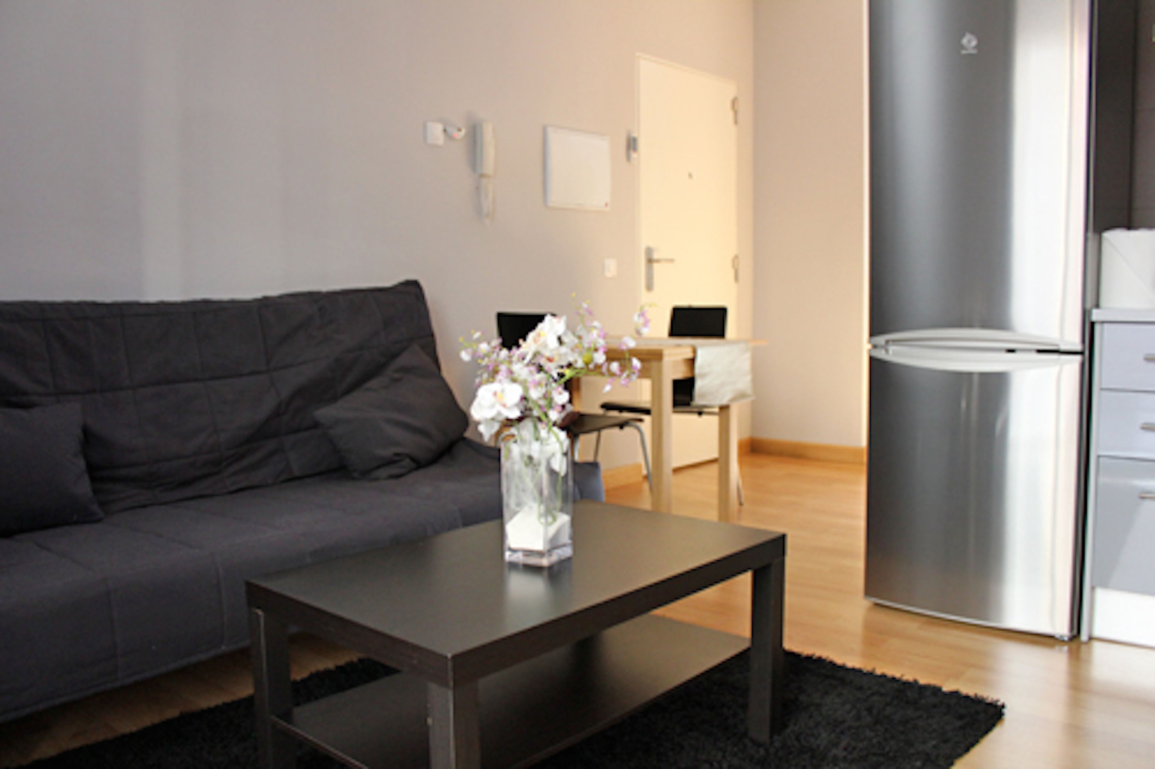 Un salon moderne avec un canapé gris foncé, une table basse en bois et un petit vase blanc orné de fleurs. On y trouve également un coin cuisine avec un réfrigérateur en acier inoxydable et un meuble blanc.
