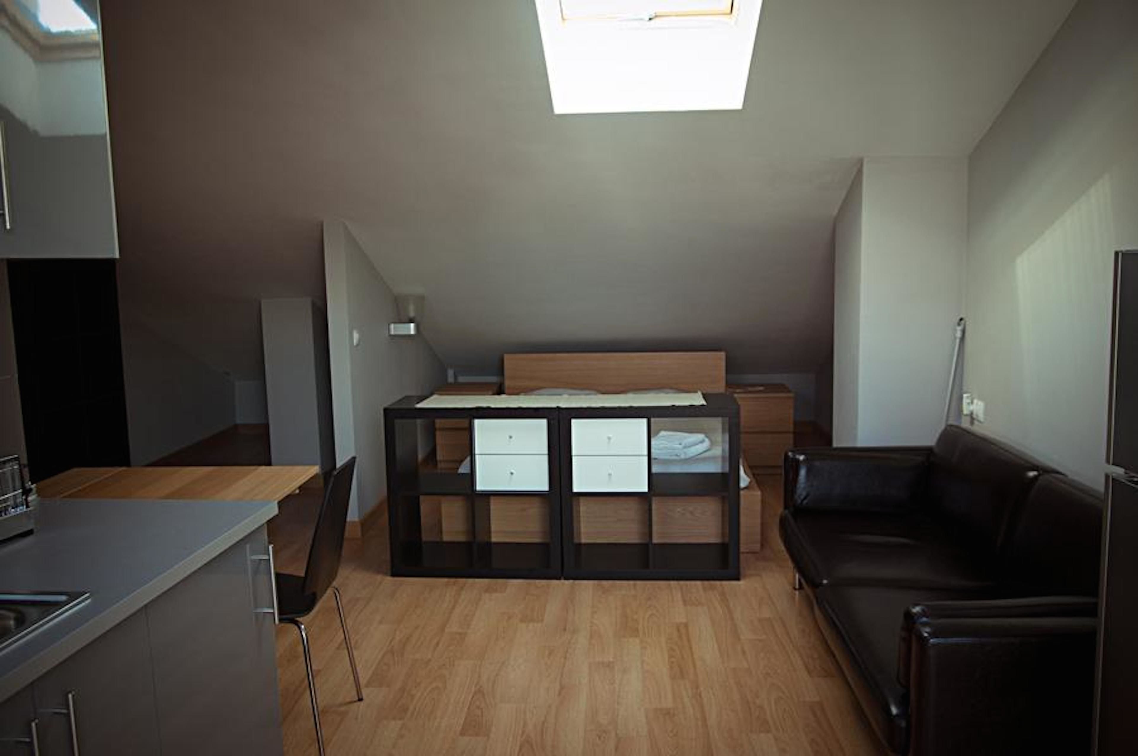 A compact studio apartment with a kitchenette, a bed with storage drawers, a black leather sofa, and a skylight.