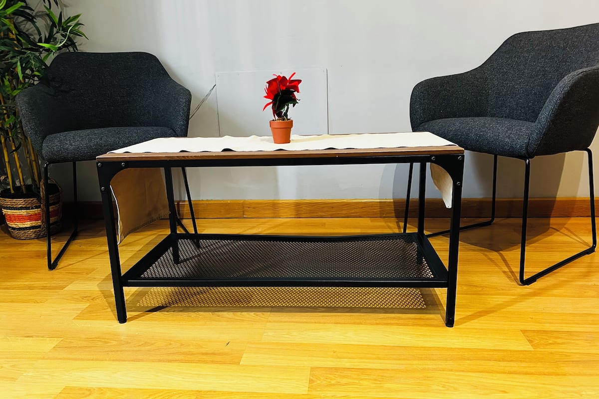 A table with a mesh shelf, two chairs, a potted plant, and a white wall.