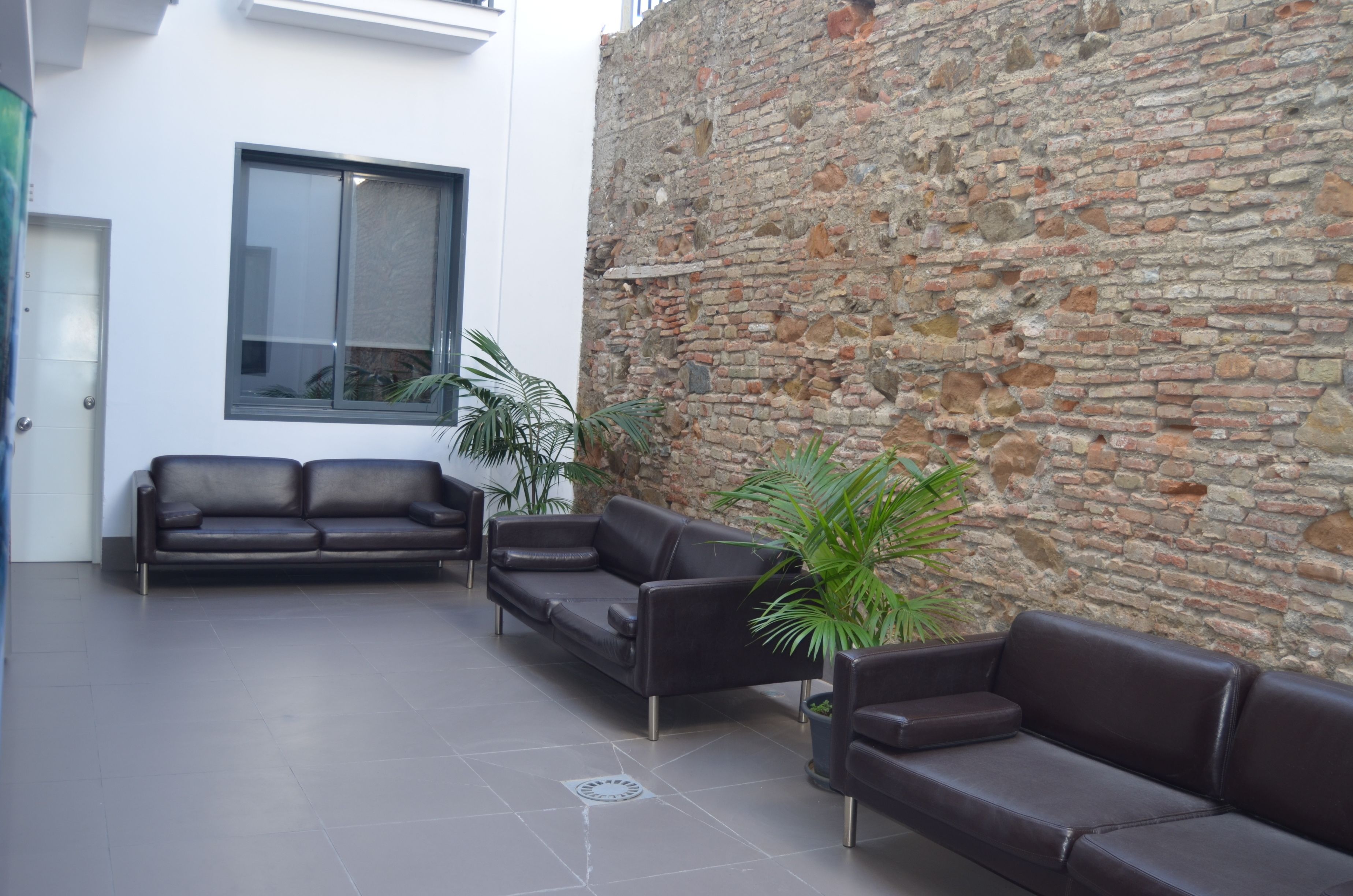 Un espacio moderno al aire libre con tres sofás de cuero, plantas en macetas, un muro de piedra y un ventanal grande.