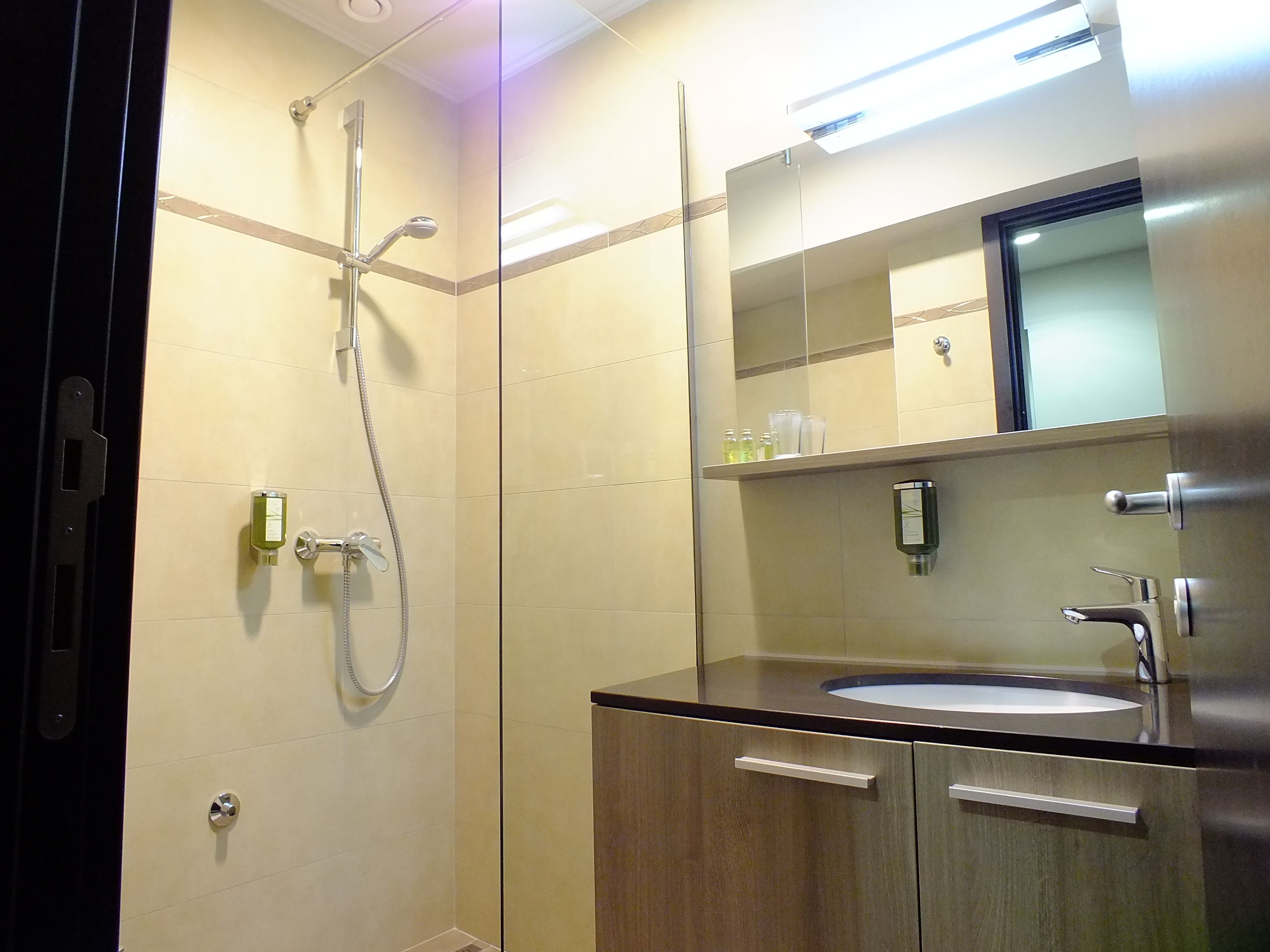 shower, rainfall showerhead, towels