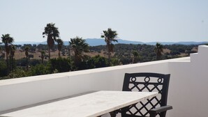Een balkon met een witte tafel en zwarte stoel, met uitzicht op een landschap met palmbomen en verre bergen.