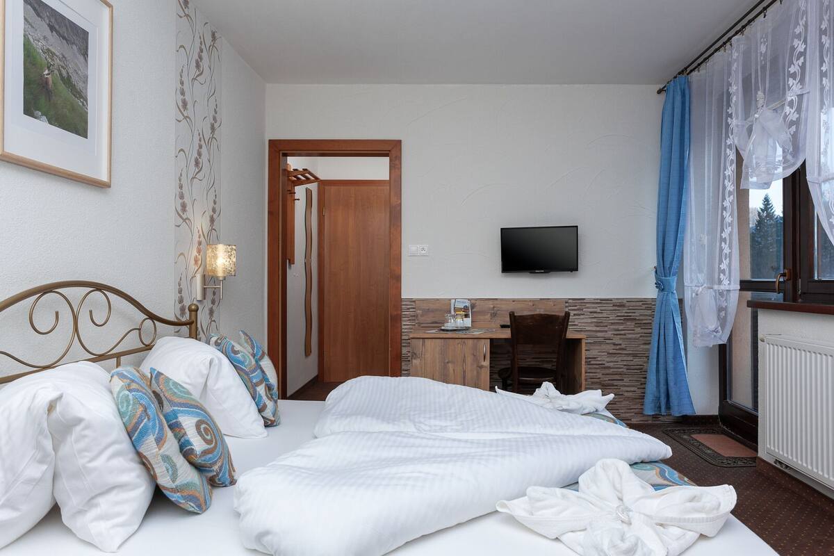 A hotel room with a bed, a desk, a TV, and a fireplace.