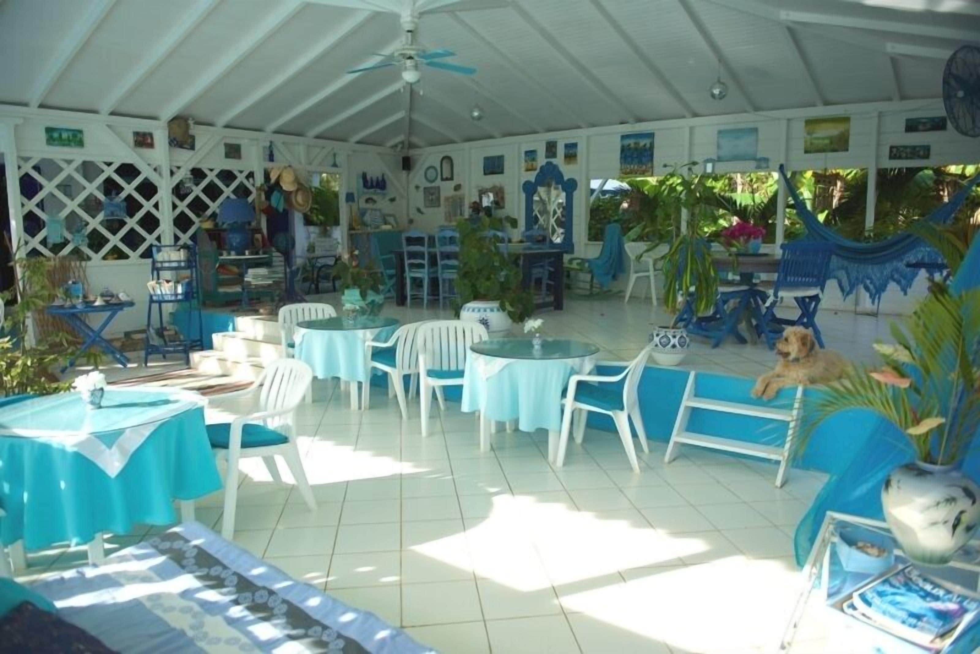 A covered outdoor area with multiple tables and chairs, a ceiling fan, and various plants and decorations.