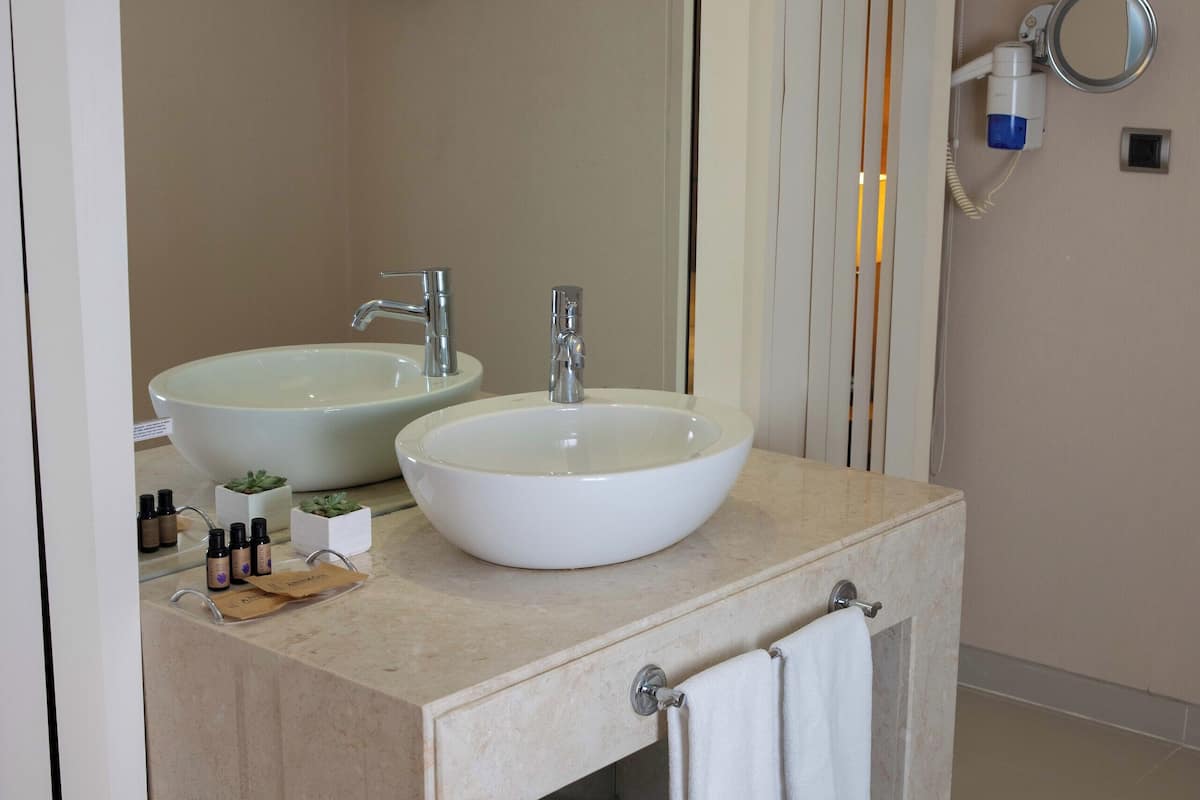 deluxe room | bathroom | shower, rainfall showerhead, hair dryer, slippers