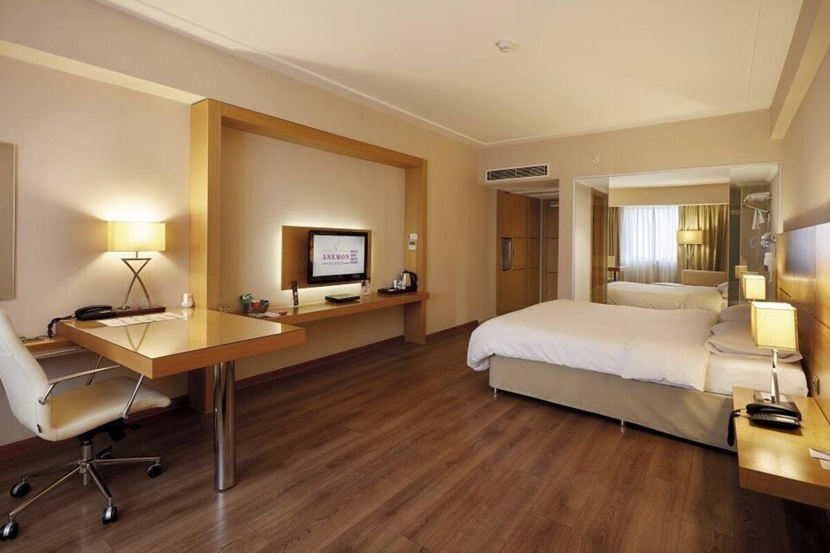 A hotel room with a bed, desk, chair, TV, and a mirror.