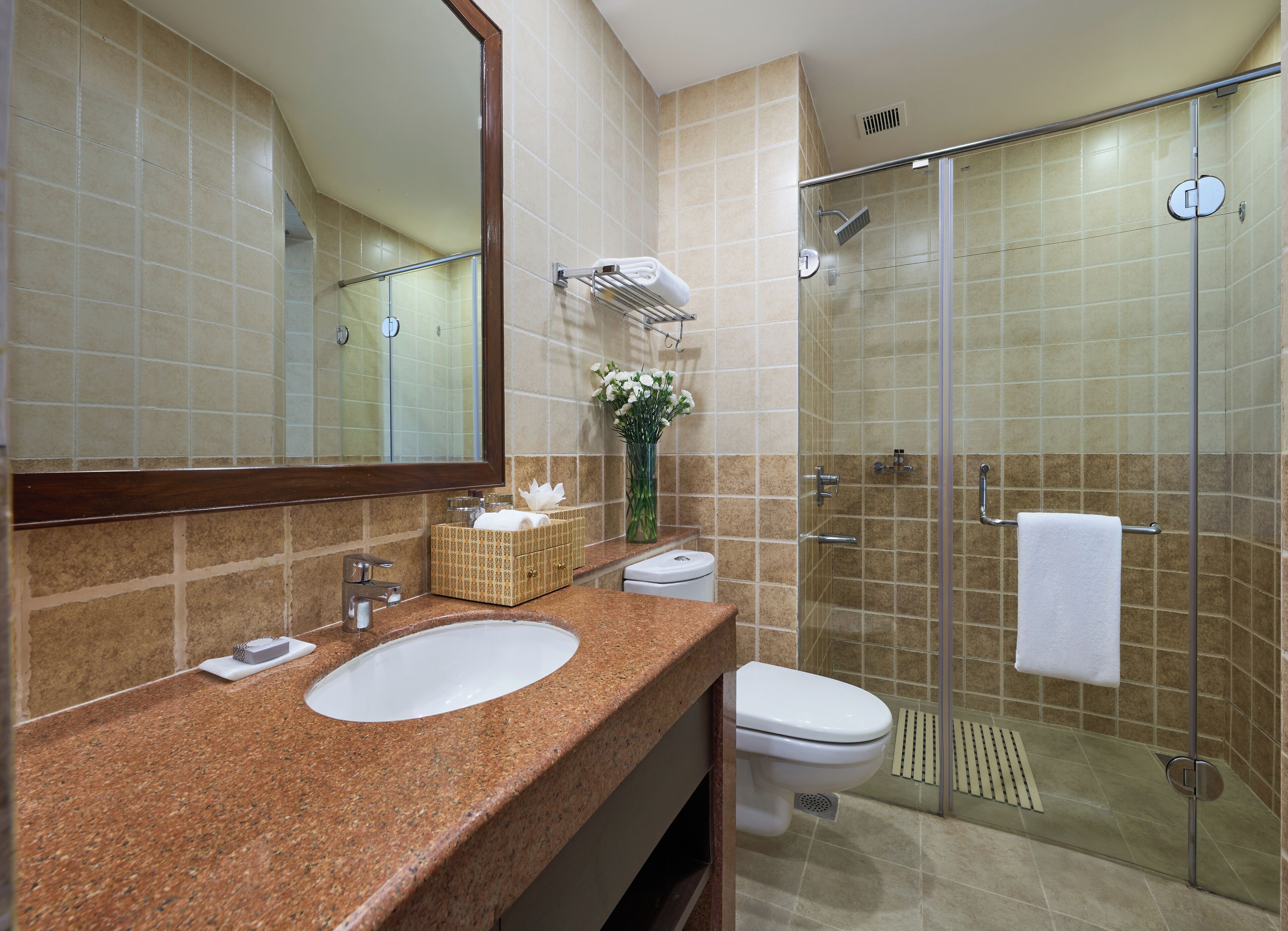 A bathroom with a marble countertop, a sink, a toilet, a shower with a glass door, and a mirror.