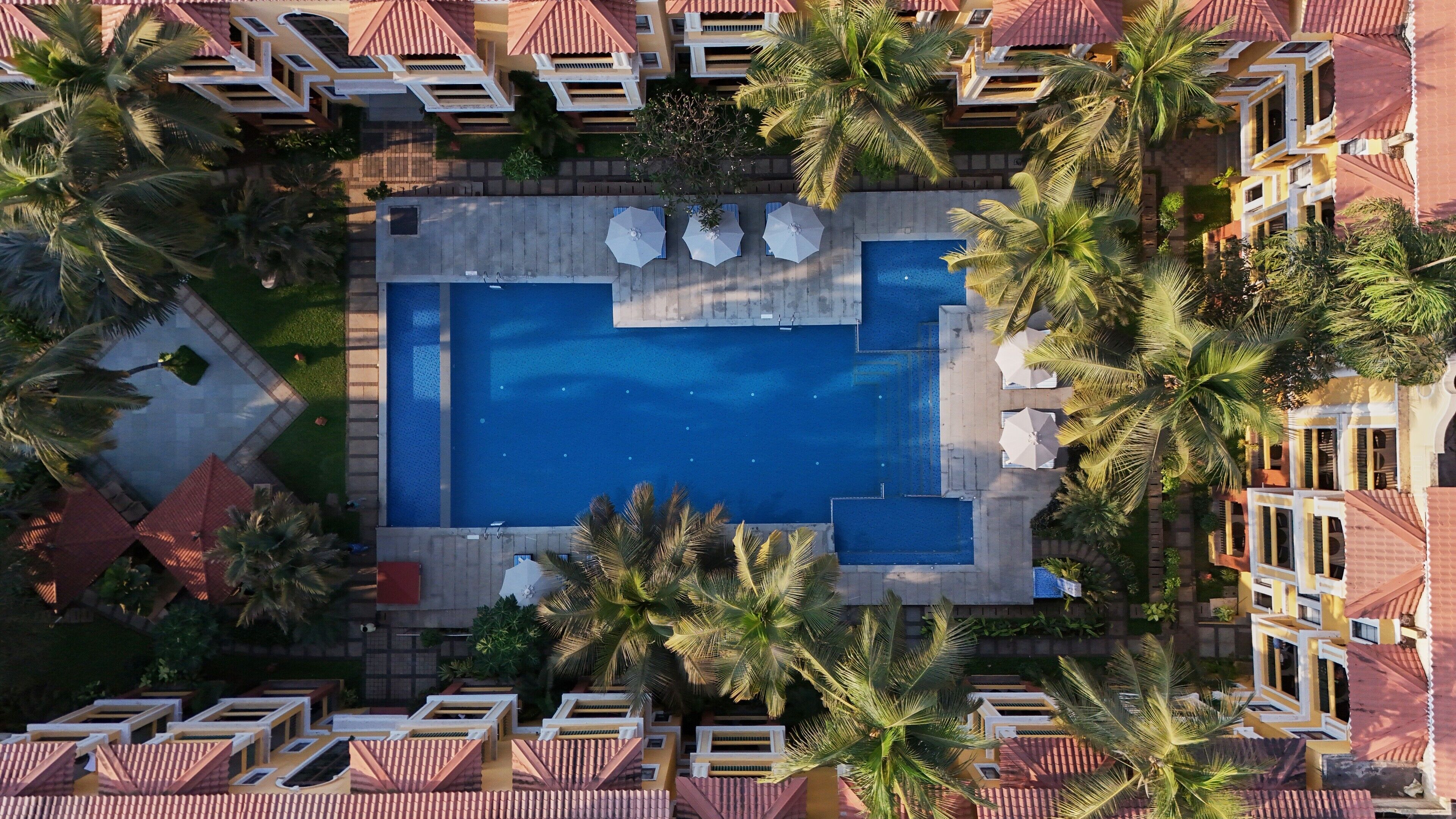 An aerial view of a resort with a central swimming pool surrounded by palm trees and sun loungers.