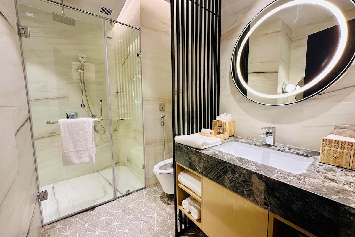 shower, free toiletries, hair dryer, towels