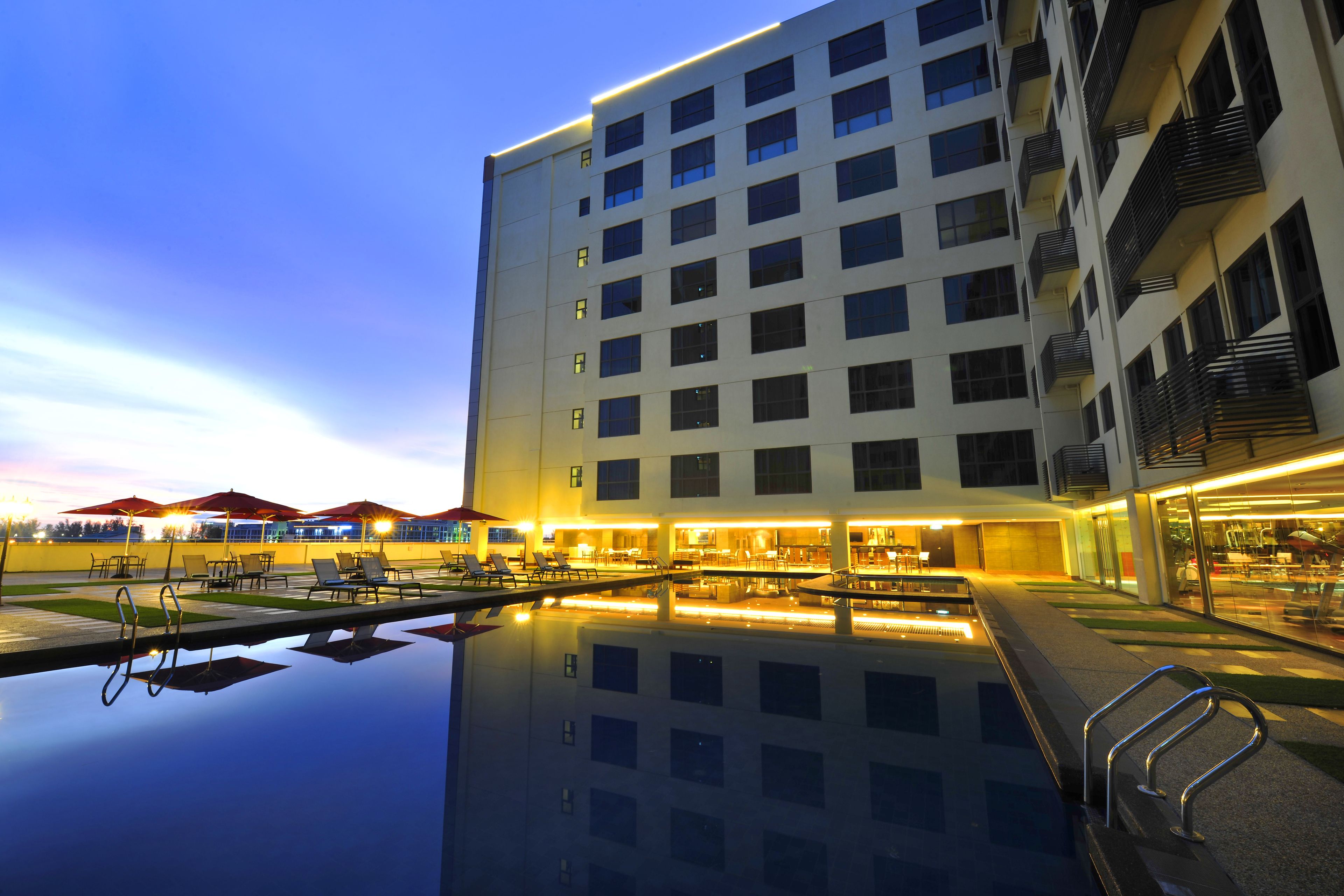 Outdoor pool, pool umbrellas, pool loungers