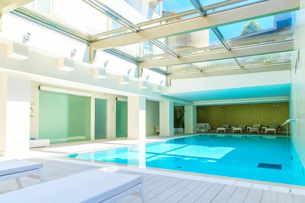 Indoor pool, outdoor pool, pool loungers