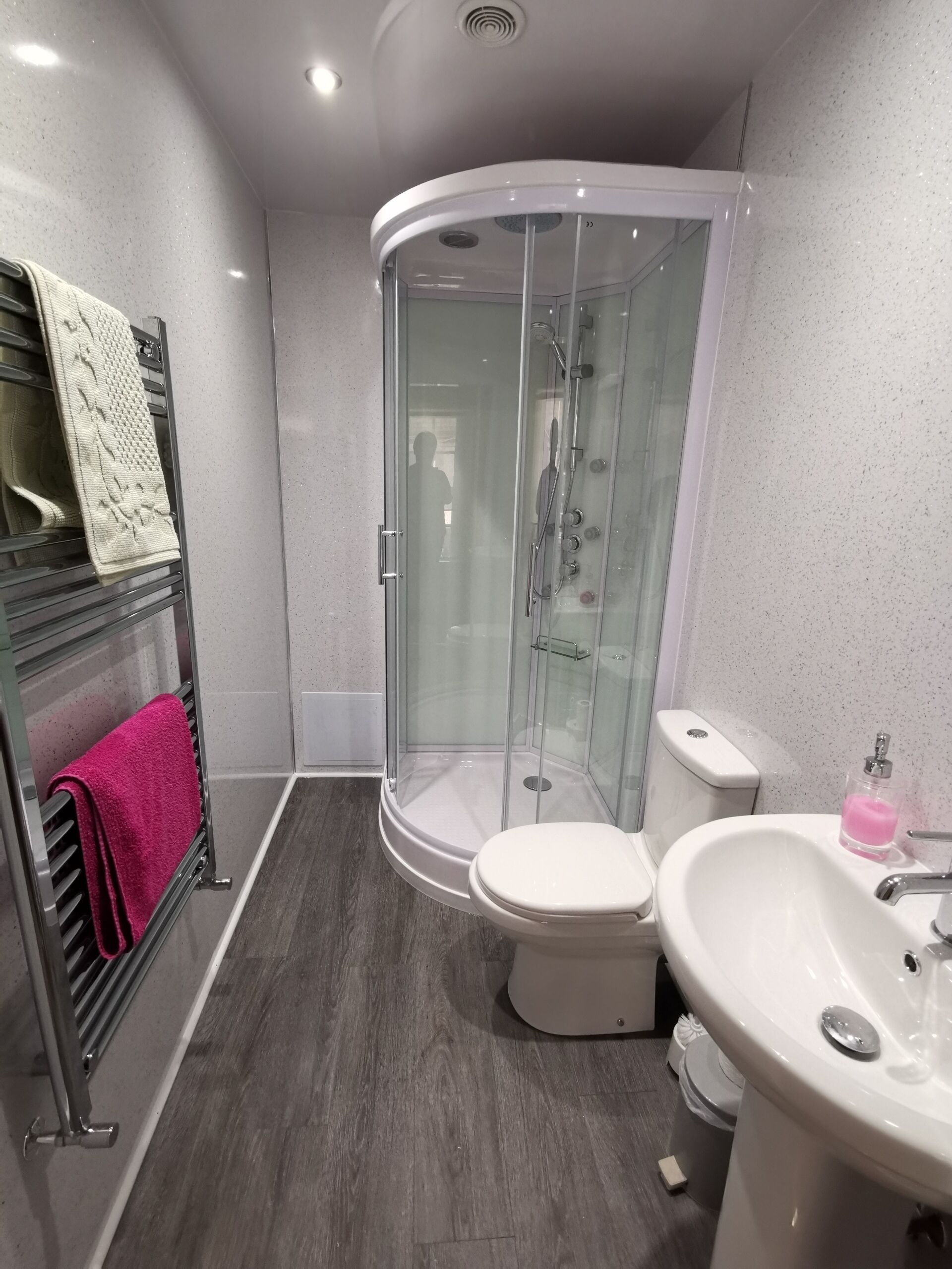 A modern bathroom with a glass-enclosed shower, a white toilet, and a sink with a soap dispenser.