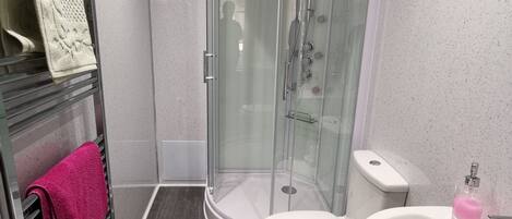 A modern bathroom with a glass-enclosed shower, a white toilet, and a sink with a soap dispenser.