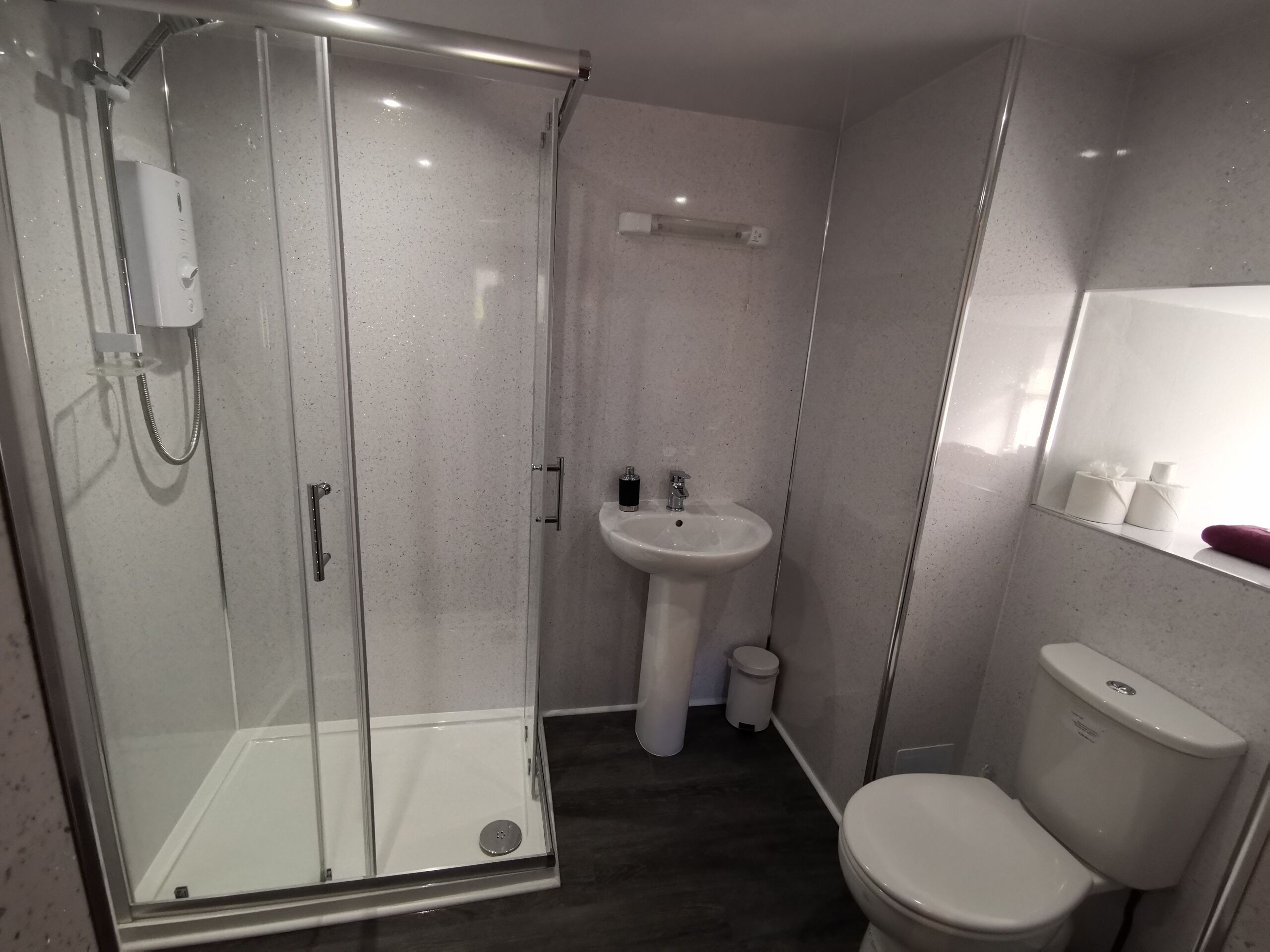 A modern bathroom with a glass-enclosed shower, a pedestal sink, and a toilet.