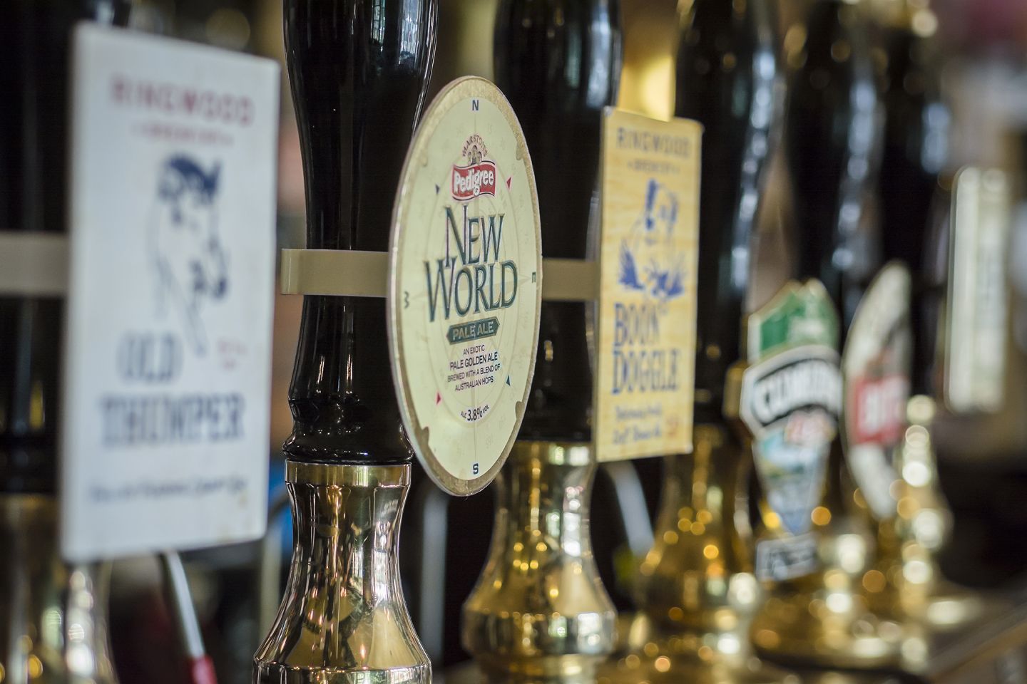 A row of beer taps with labels, including 'New World Pale Ale' and 'Born Double'.