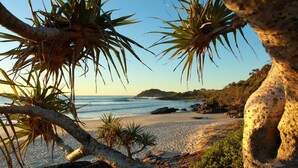 A beach with palm trees, rocky outcrops, and a clear view of the ocean. - The Beach Cabarita (Cabarita Beach)
