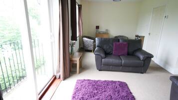 A living room with a grey sofa, a purple rug, and a wooden side table.