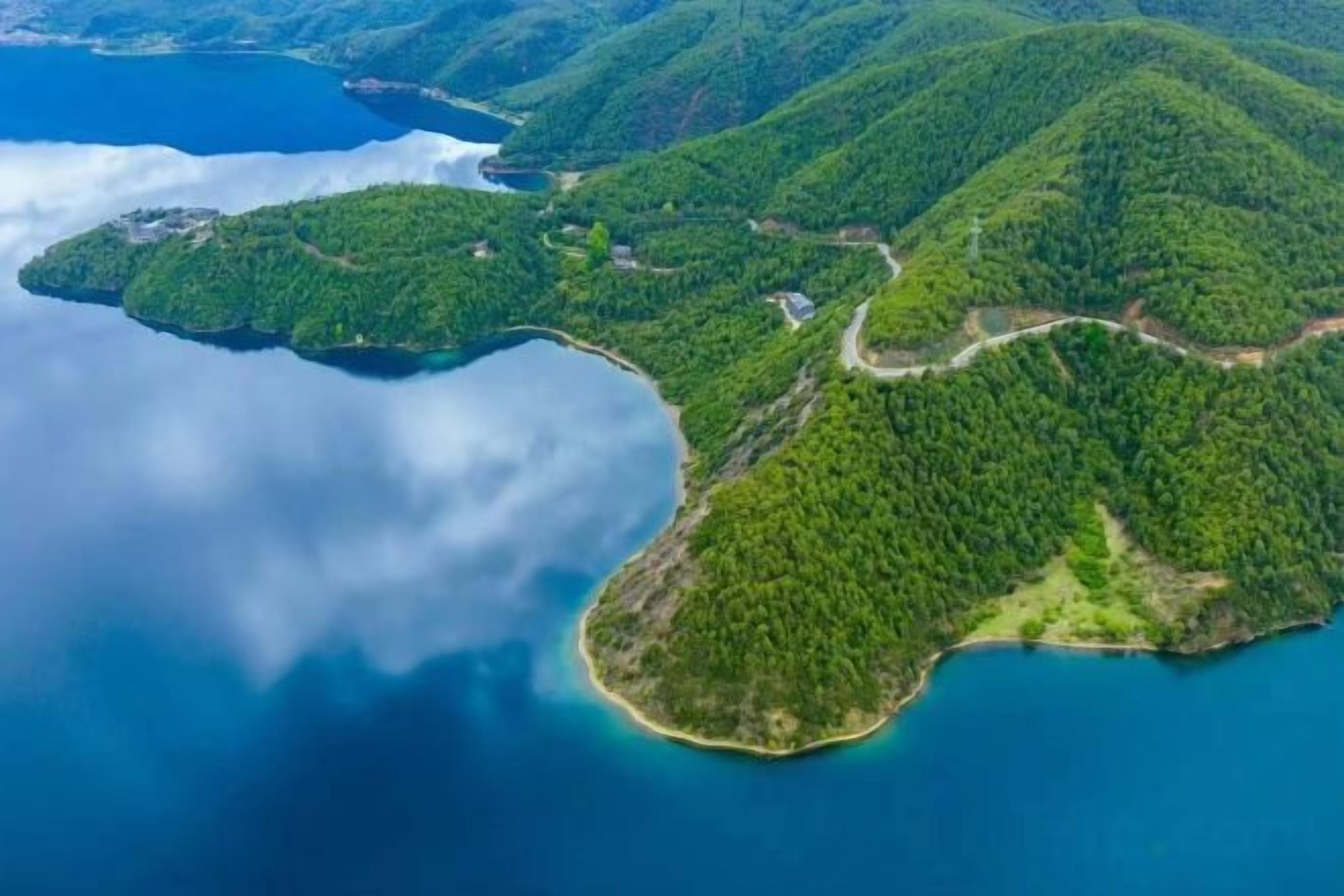 Un paysage côtier avec une route sinueuse, une végétation luxuriante et une étendue d’eau.