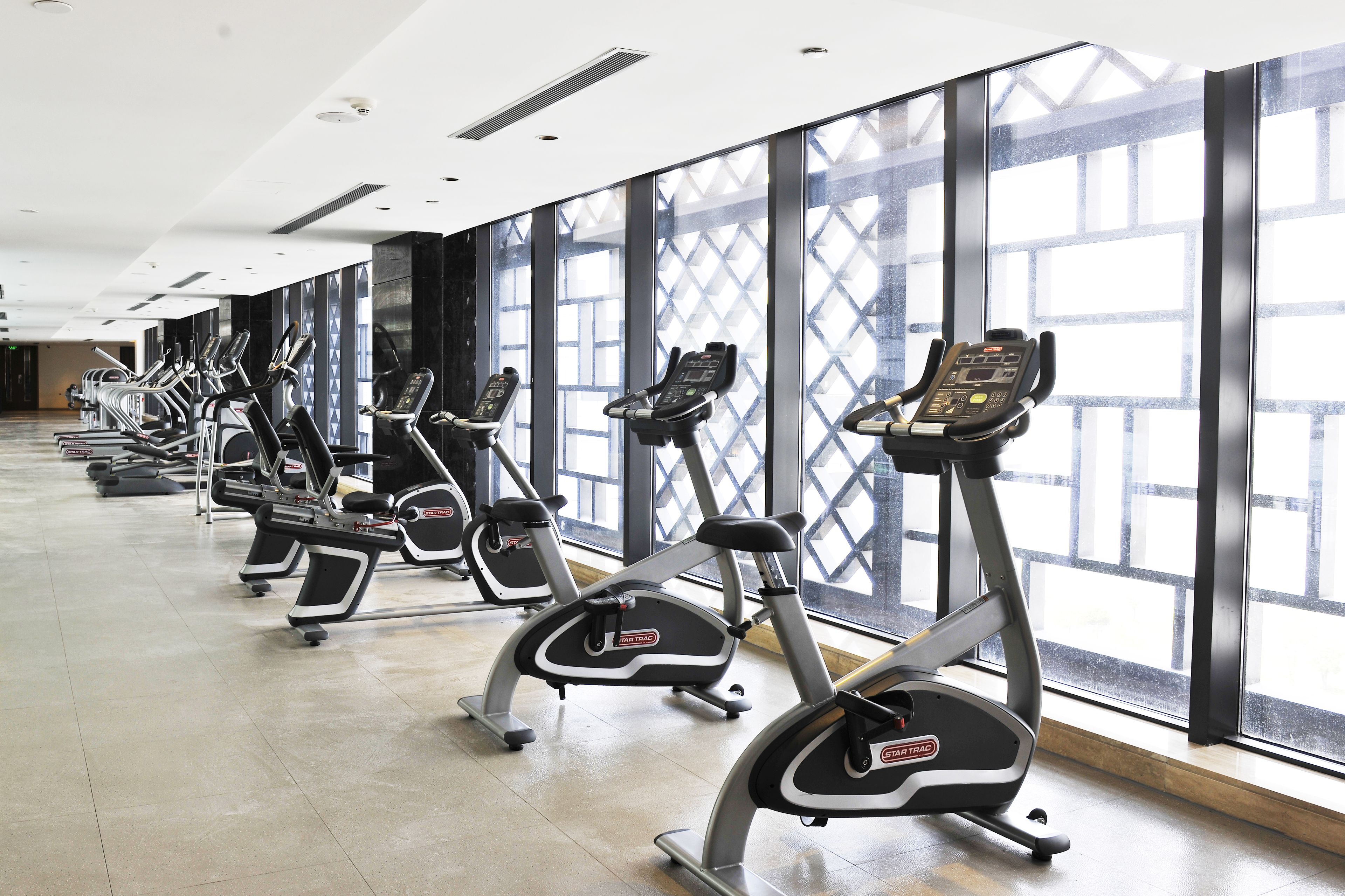 Varias bicicletas estáticas en un gimnasio con ventanas amplias y piso de baldosas.