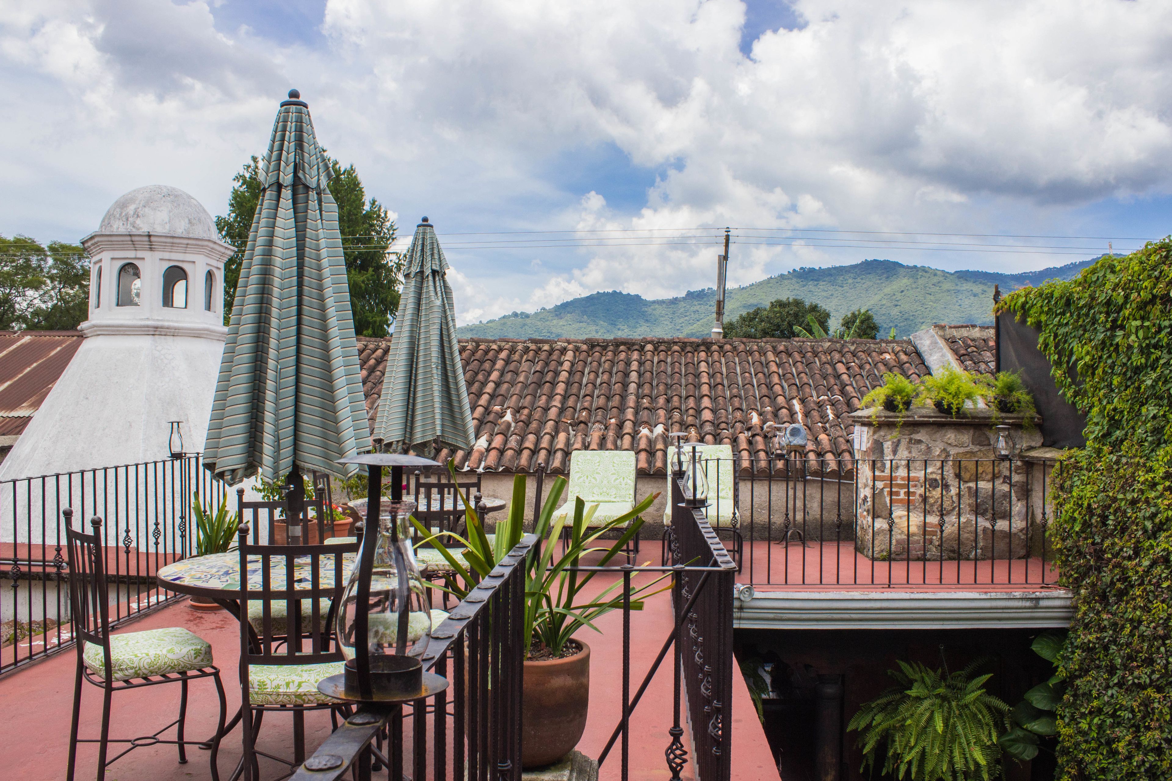 Una terraza en la azotea con techo de tejas, plantas en macetas y mobiliario exterior.
