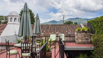 Una terraza en la azotea con techo de tejas, plantas en macetas y mobiliario exterior.