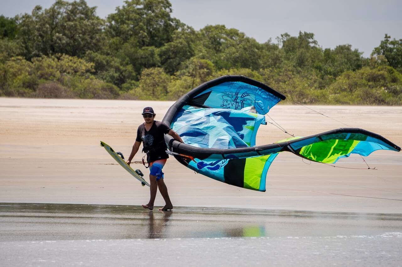 Una persona sostiene una cometa en la playa, con árboles al fondo.