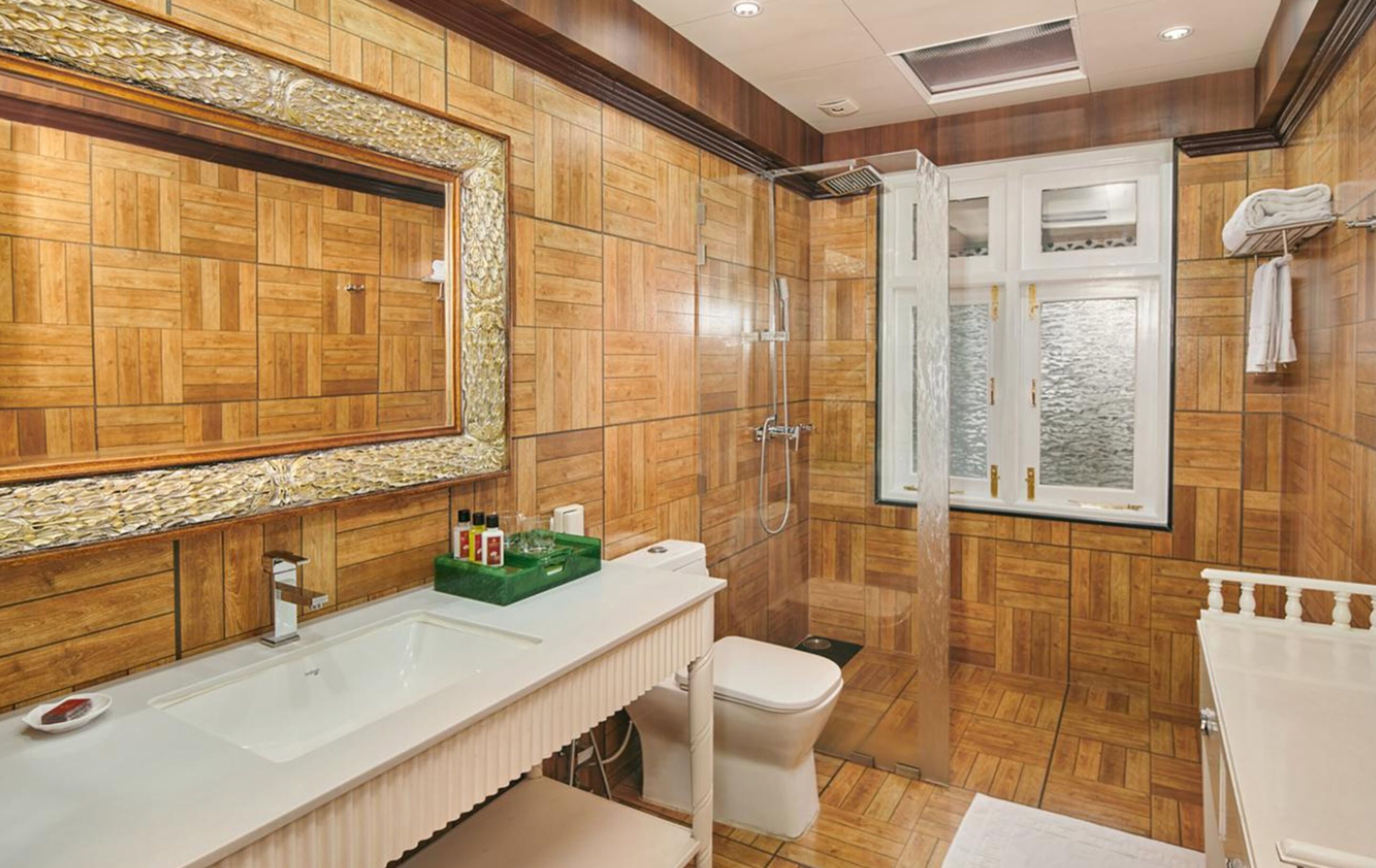 shower, designer toiletries, hair dryer, bathrobes