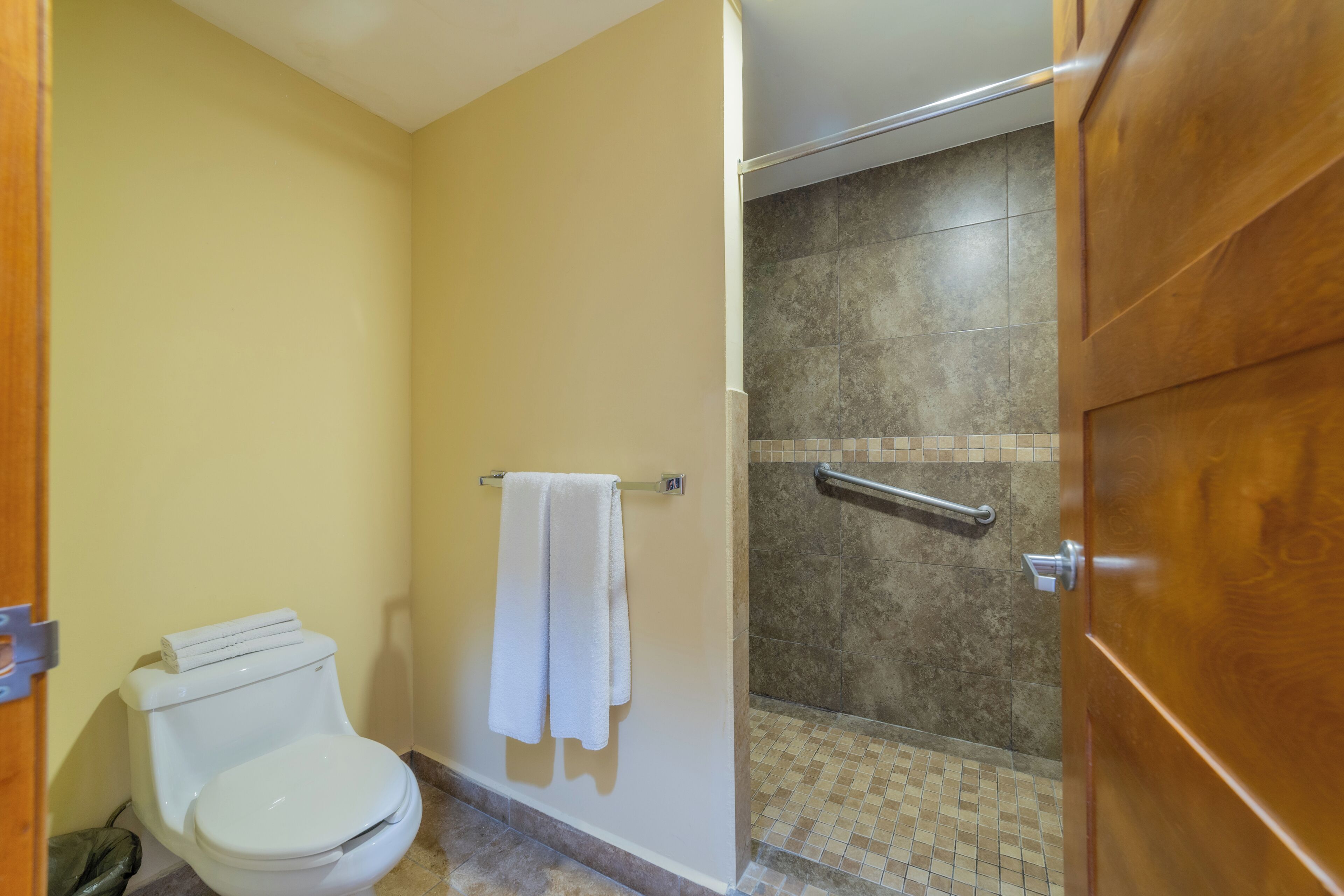 Un baño con inodoro, toallero y zona de ducha.