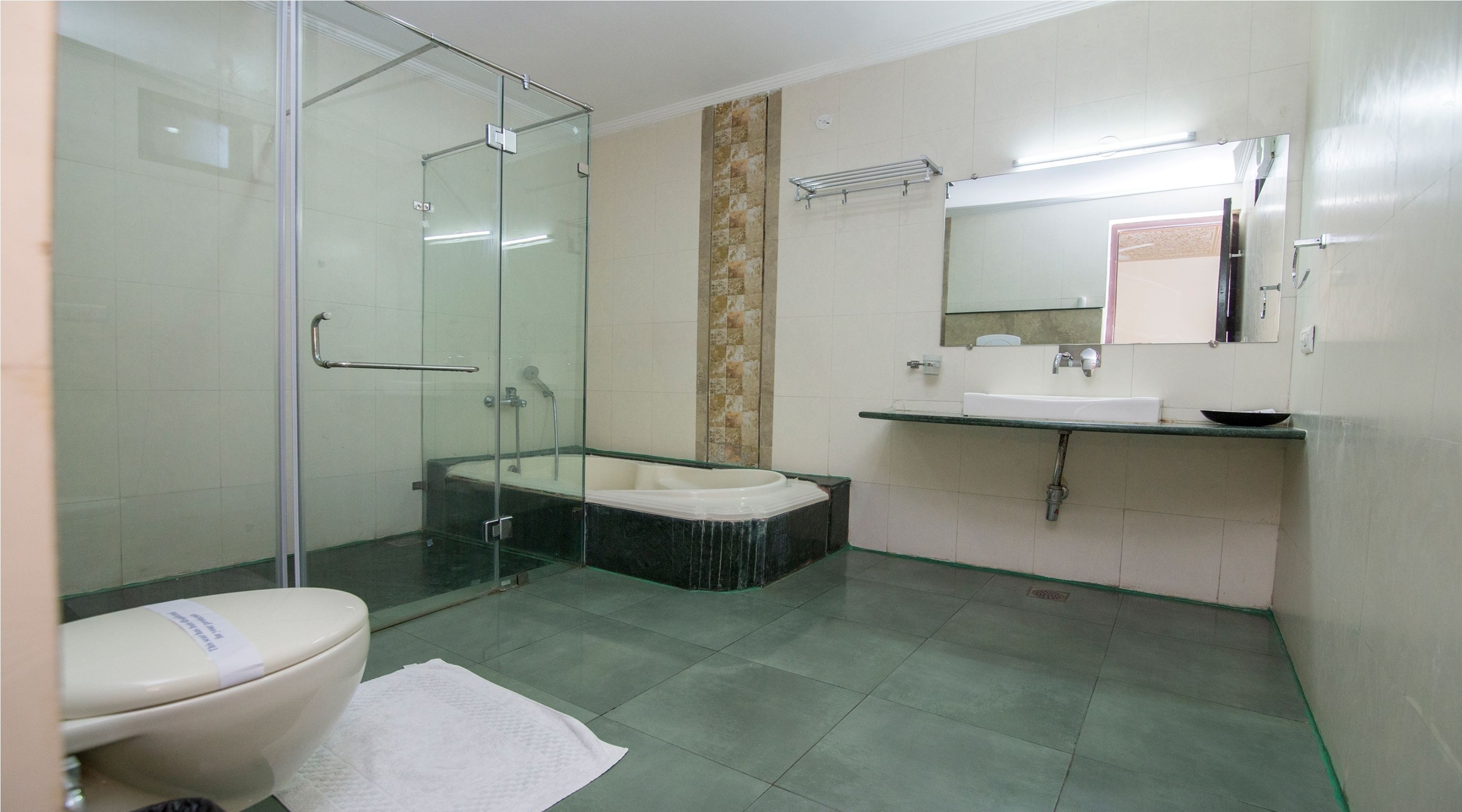A bathroom with a glass-enclosed shower, a freestanding bathtub, a sink with a mirror, and a toilet.