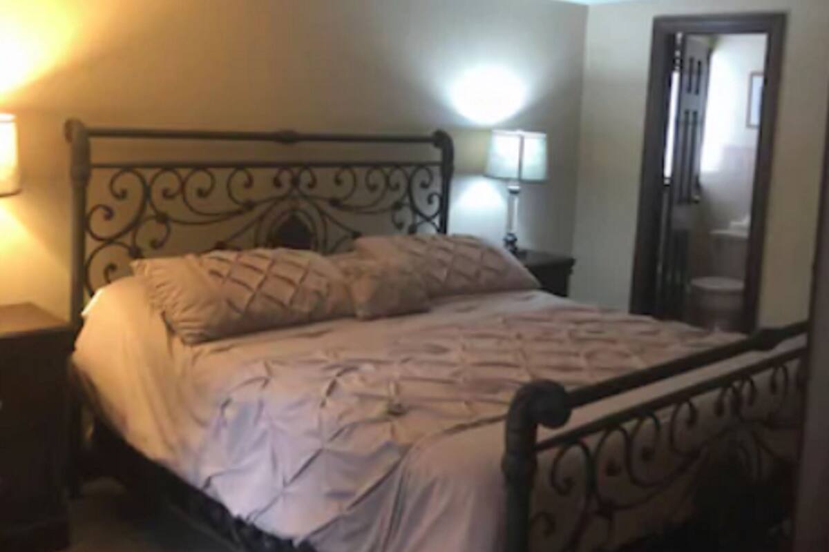 A bedroom with a metal bed frame, a single bedside table with a lamp, and a carpeted floor.