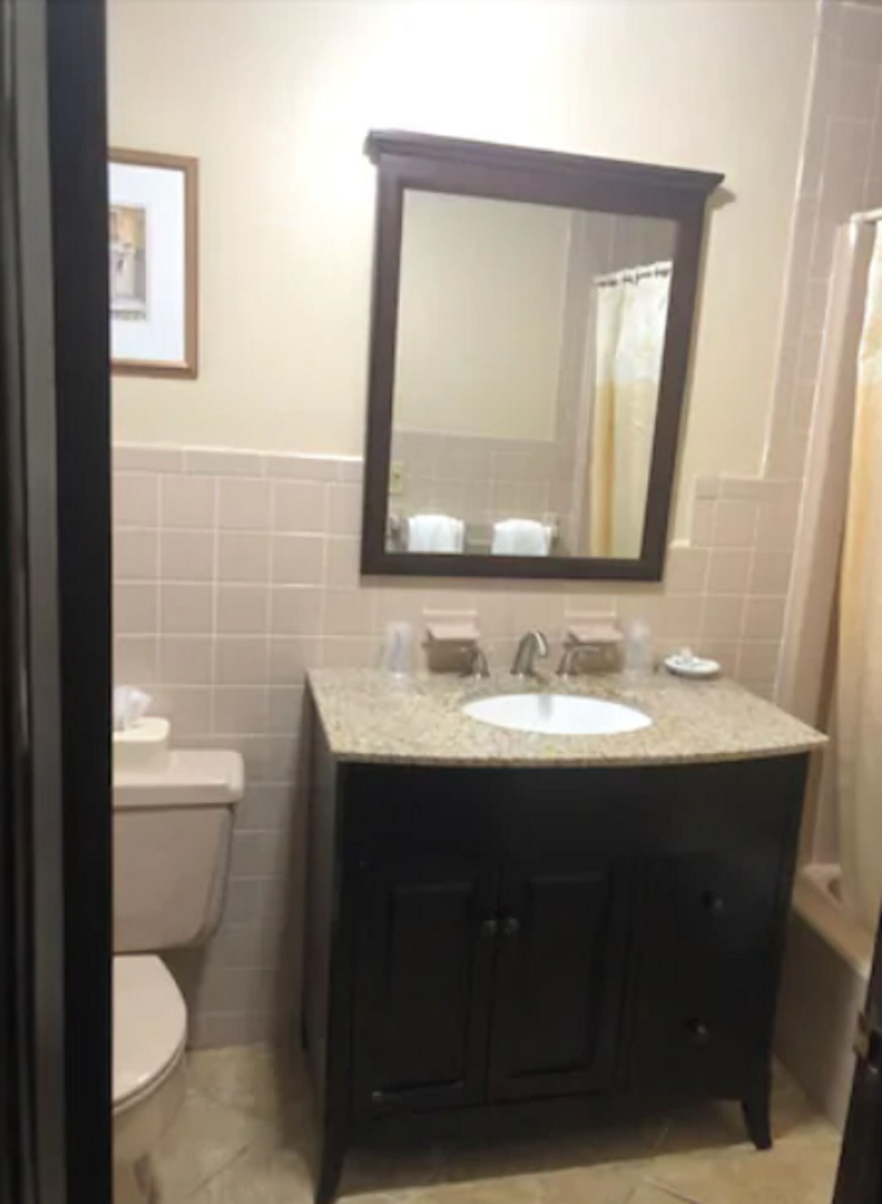 Un baño con inodoro blanco, lavamanos con mueble oscuro y espejo sobre el lavamanos.