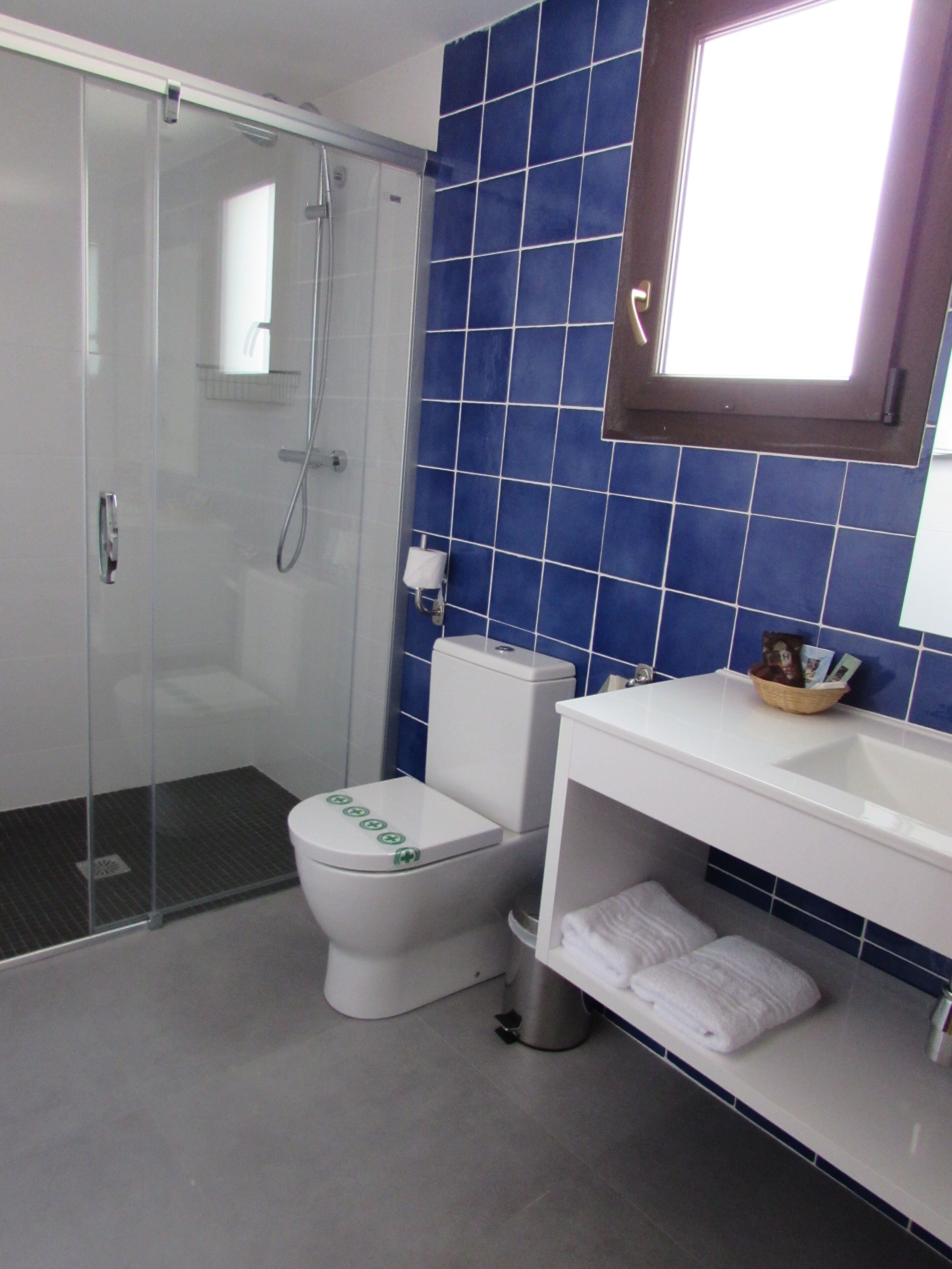 Een badkamer met een glazen douchecabine, een wit toilet en een wastafel met een handdoekhouder.