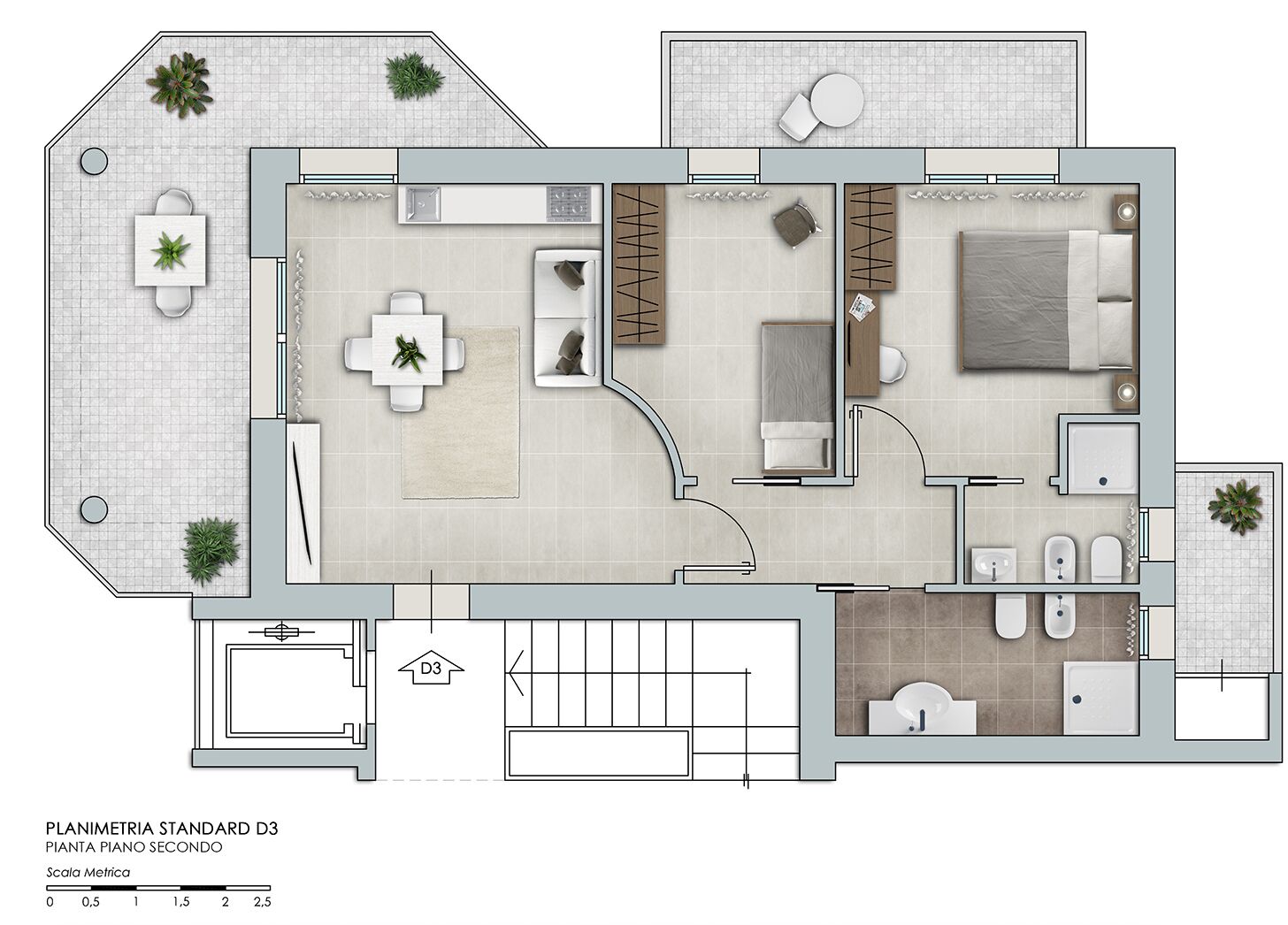 Plan d’étage d’un appartement type D3 comprenant un coin repas, une cuisine, un salon, deux chambres et une salle de bain.