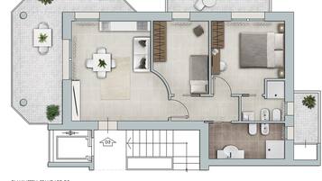 Plan d’étage d’un appartement type D3 comprenant un coin repas, une cuisine, un salon, deux chambres et une salle de bain.