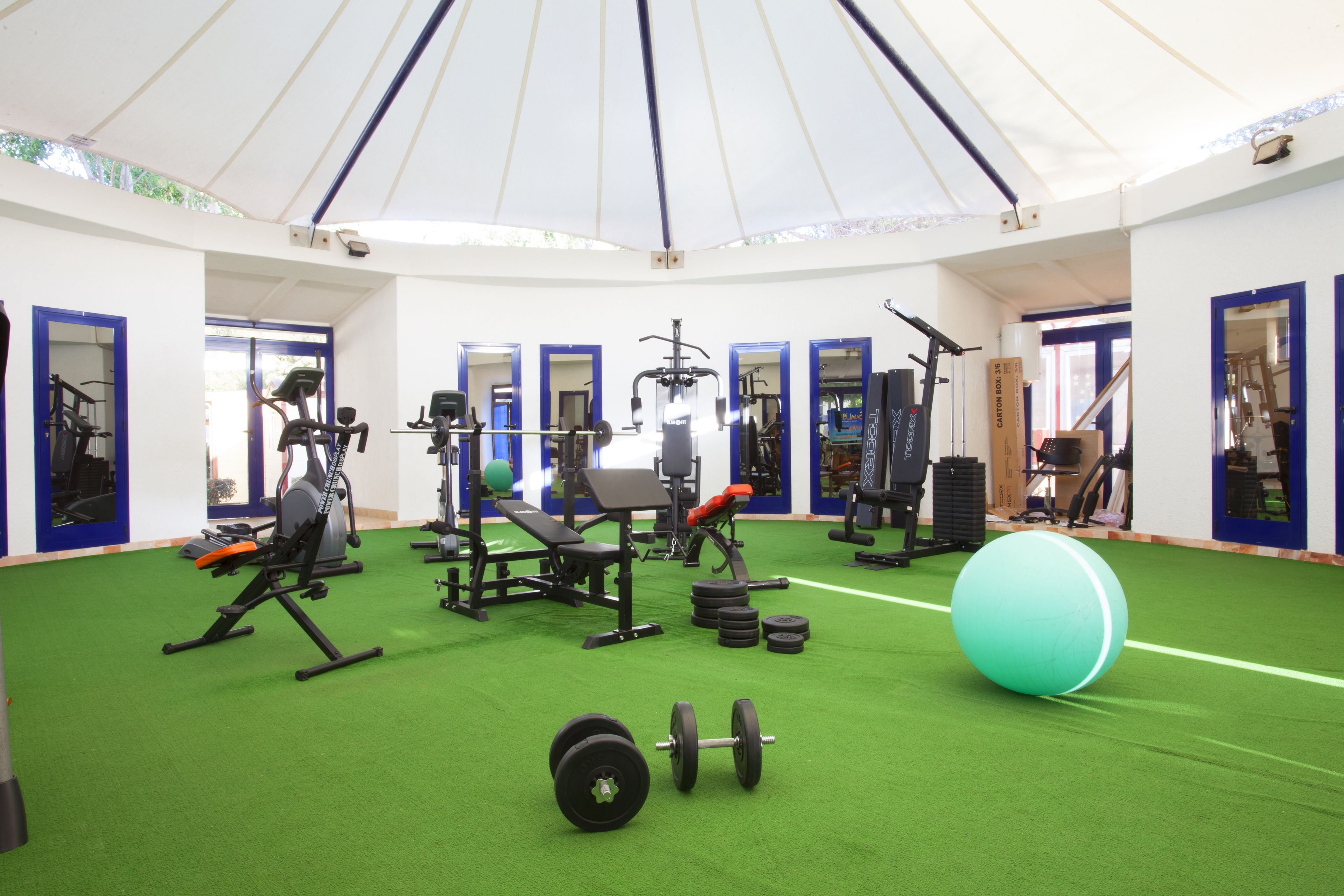 A gym with various exercise equipment, a green turf floor, and a large exercise ball.