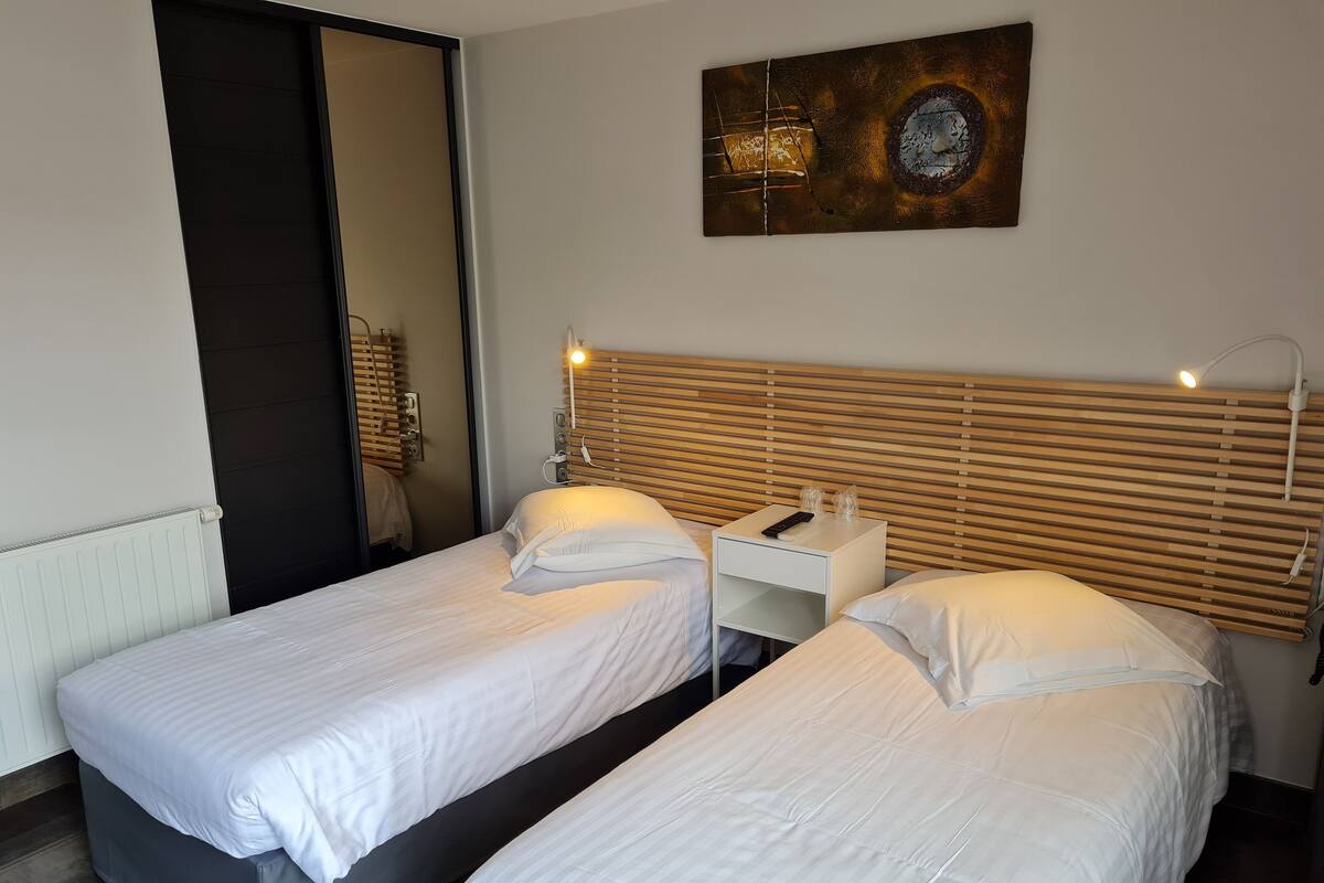 A hotel room with two single beds, a wooden headboard, a bedside table with a lamp, and a wall-mounted artwork.